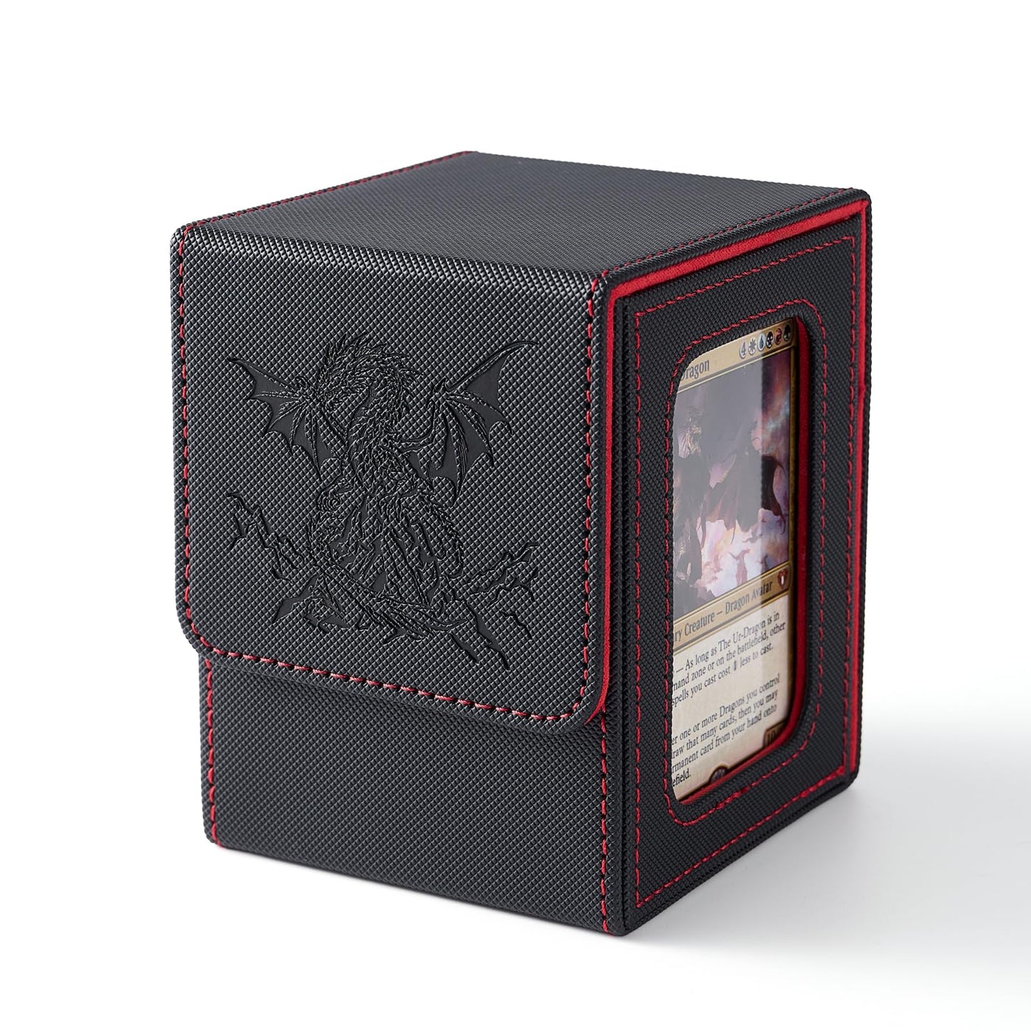 Venssu MTG Deck Box with Commander Display — Dragon Embossed PU Leather, Holds 120 Cards, 2 Dividers, Toploader (Black/Red)