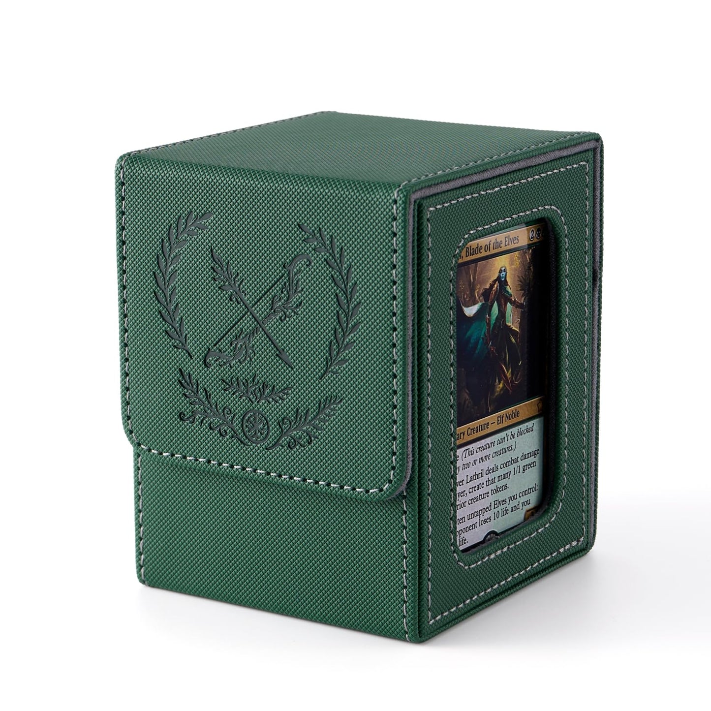 Venssu MTG Deck Box with Commander Display | Elf Embossed, Fits 100 Double-Sleeved Cards, Green & Grey