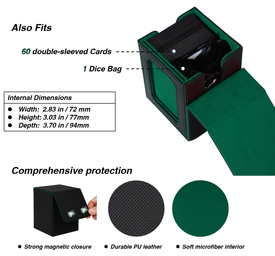 Venssu MTG Deck Box with Window — Commander Display, Holds 120 Single-Sleeved / 100 Double-Sleeved Cards (Black/Green)