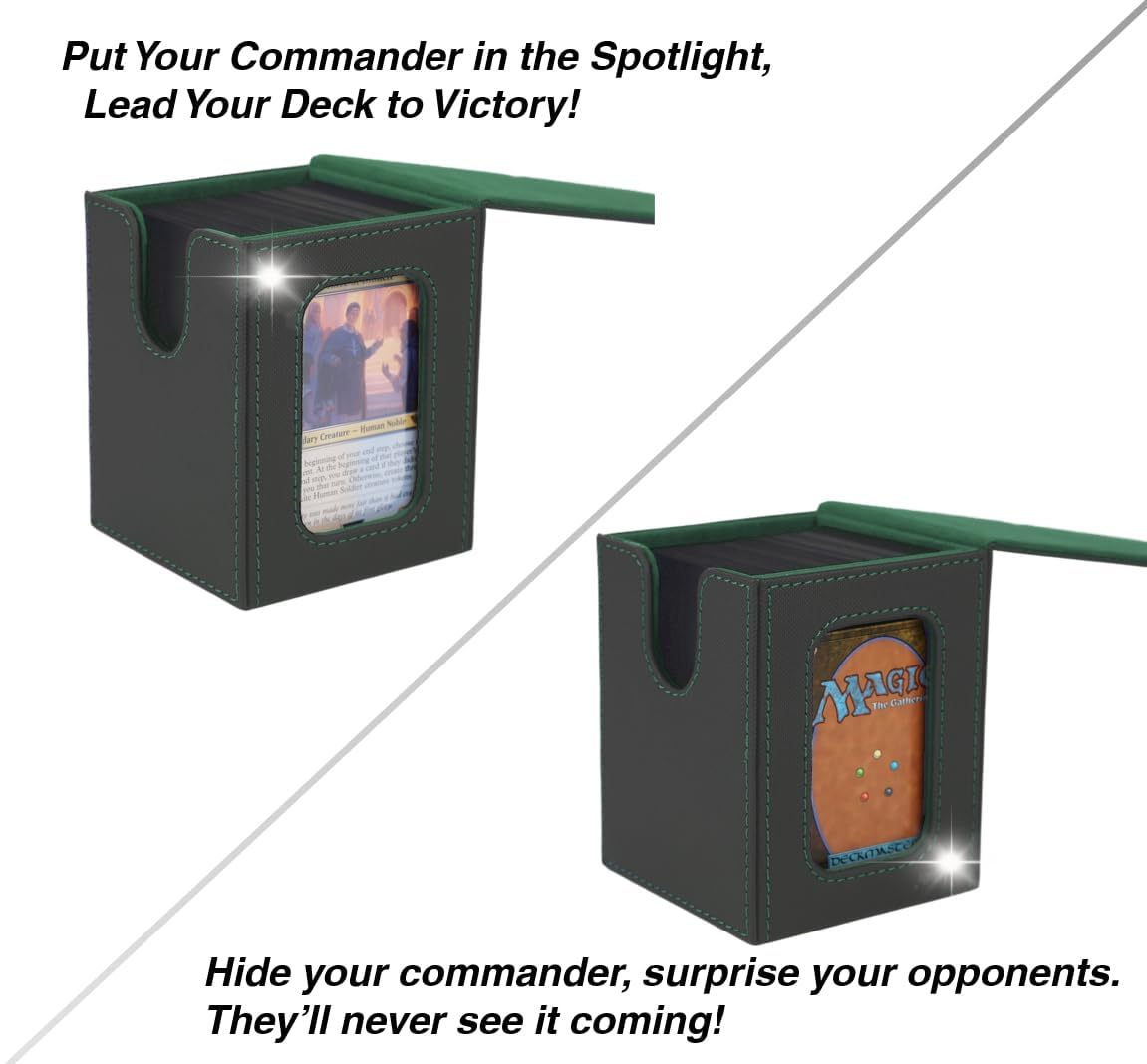 Venssu MTG Deck Box for Commander – Holds 100 Double-Sleeved Cards, Toploader, 2 Dividers (Black & Green)