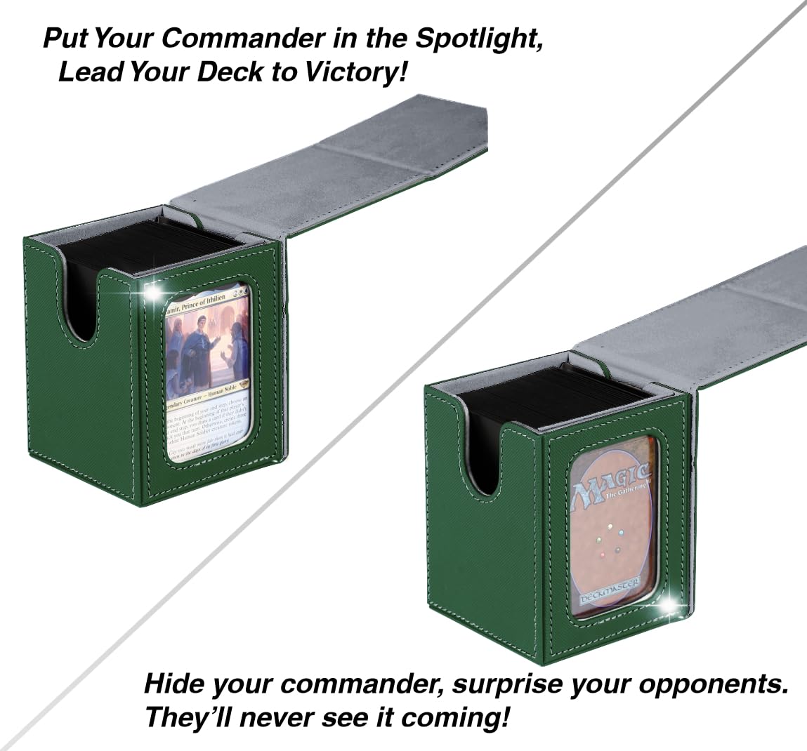Venssu MTG Deck Box for Commander with Window | 100 Double-Sleeved Cards | Green & Grey