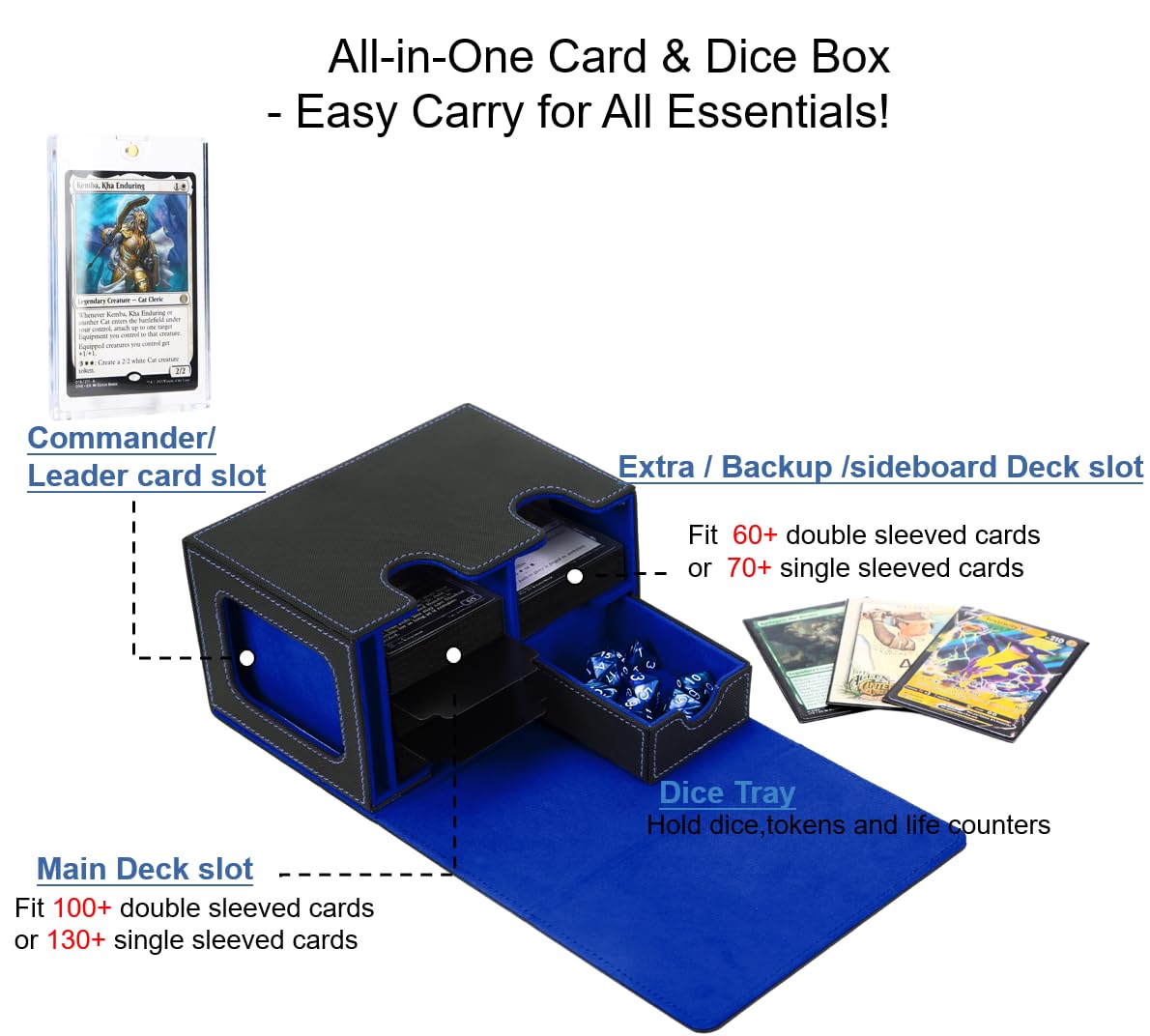 Venssu MTG Commander Deck Box – 2-Compartment Case with Dice Tray (160 DS / 200 SS) Black/Blue