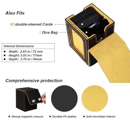 Venssu MTG Deck Box for Commander Display — 100 Double-Sleeved Capacity, Black & Yellow with Window