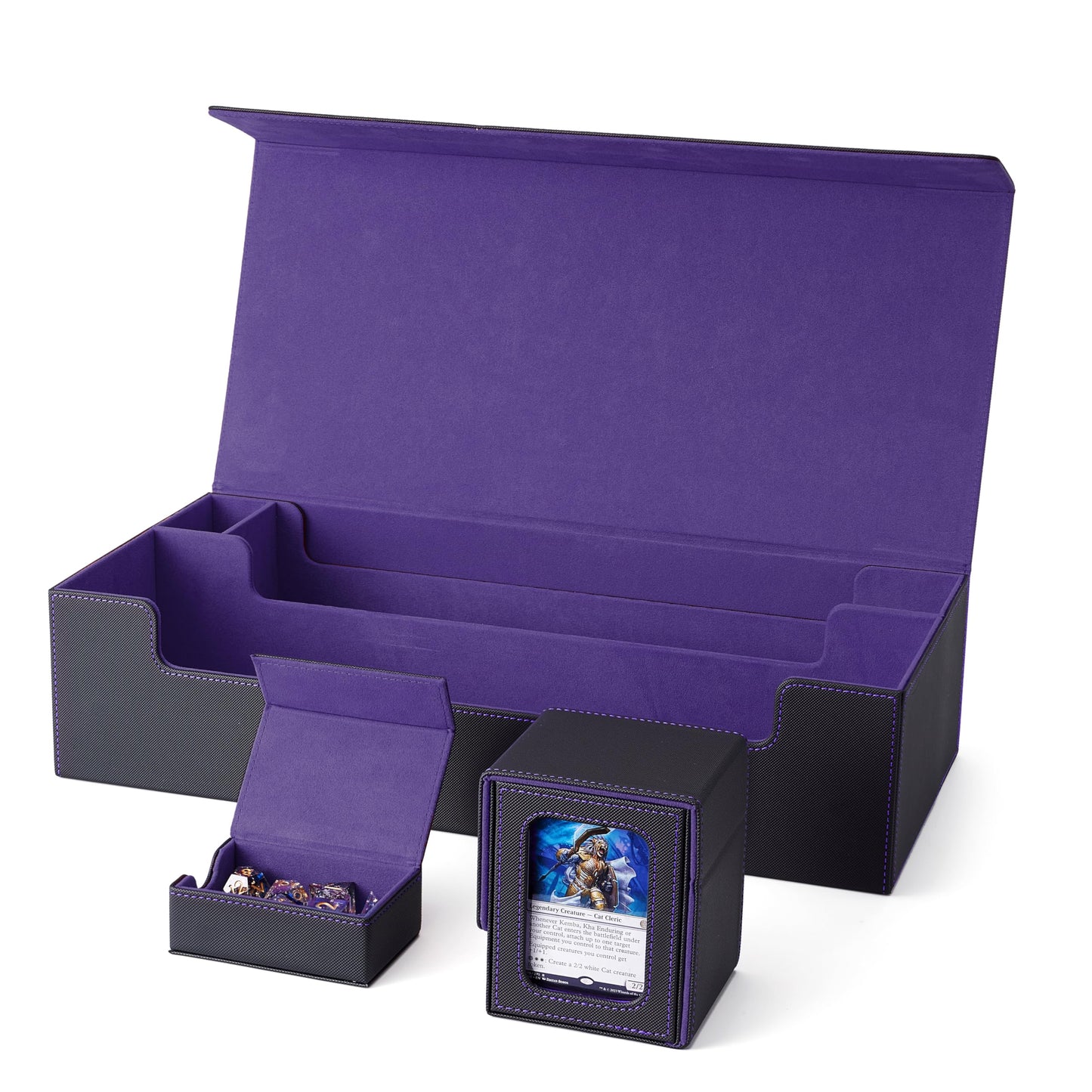 Venssu MTG Deck Box Holds 5 Display Card Deck Boxes with Playmat and Dice Box – Black & Purple