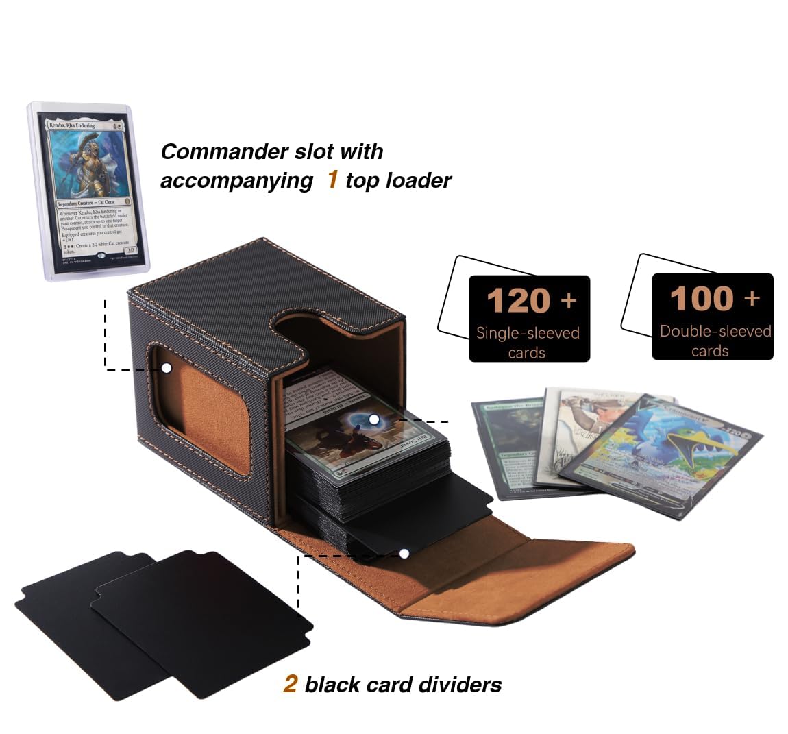 Venssu MTG Deck Box for Commander Display – Holds 100 Double-Sleeved Cards, 2 Dividers & Toploader (Black & Brown)
