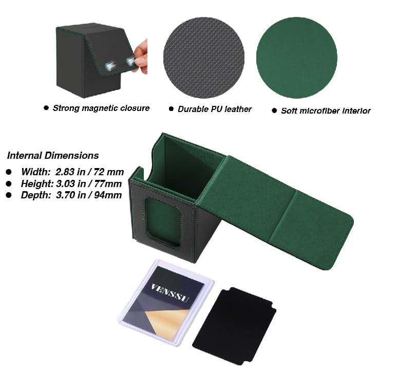 Venssu MTG Deck Box for Commander – Holds 100 Double-Sleeved Cards, Toploader, 2 Dividers (Black & Green)