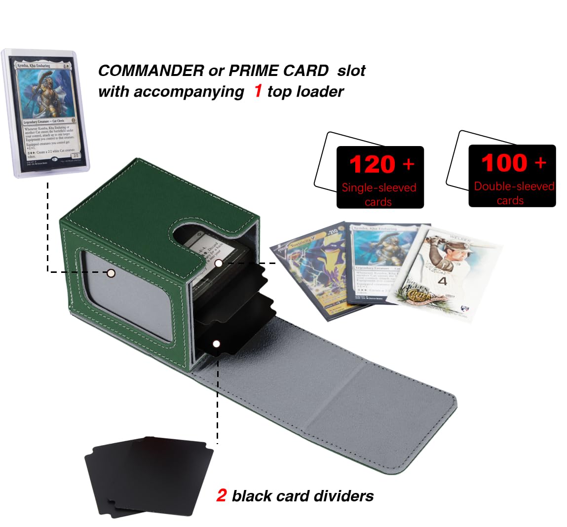 Venssu MTG Deck Box for Commander with Window | 100 Double-Sleeved Cards | Green & Grey