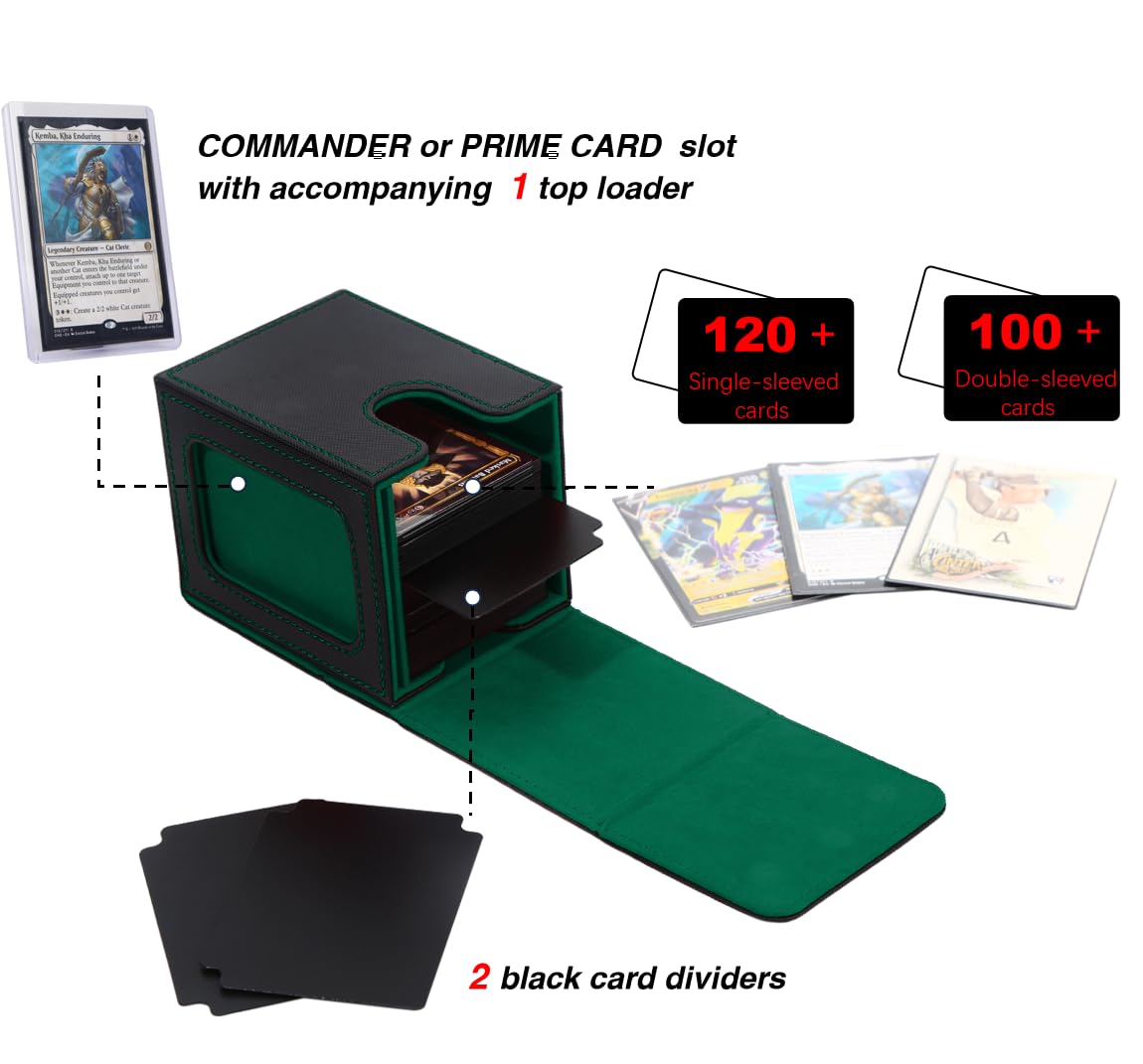 Venssu MTG Deck Box with Window — Commander Display, Holds 120 Single-Sleeved / 100 Double-Sleeved Cards (Black/Green)