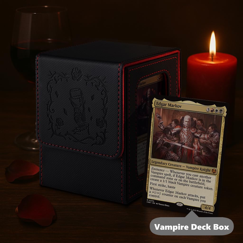Venssu MTG Deck Box with Commander Display — Vampire Embossed, 120 Card Capacity, Dividers & Toploader (Black/Red)