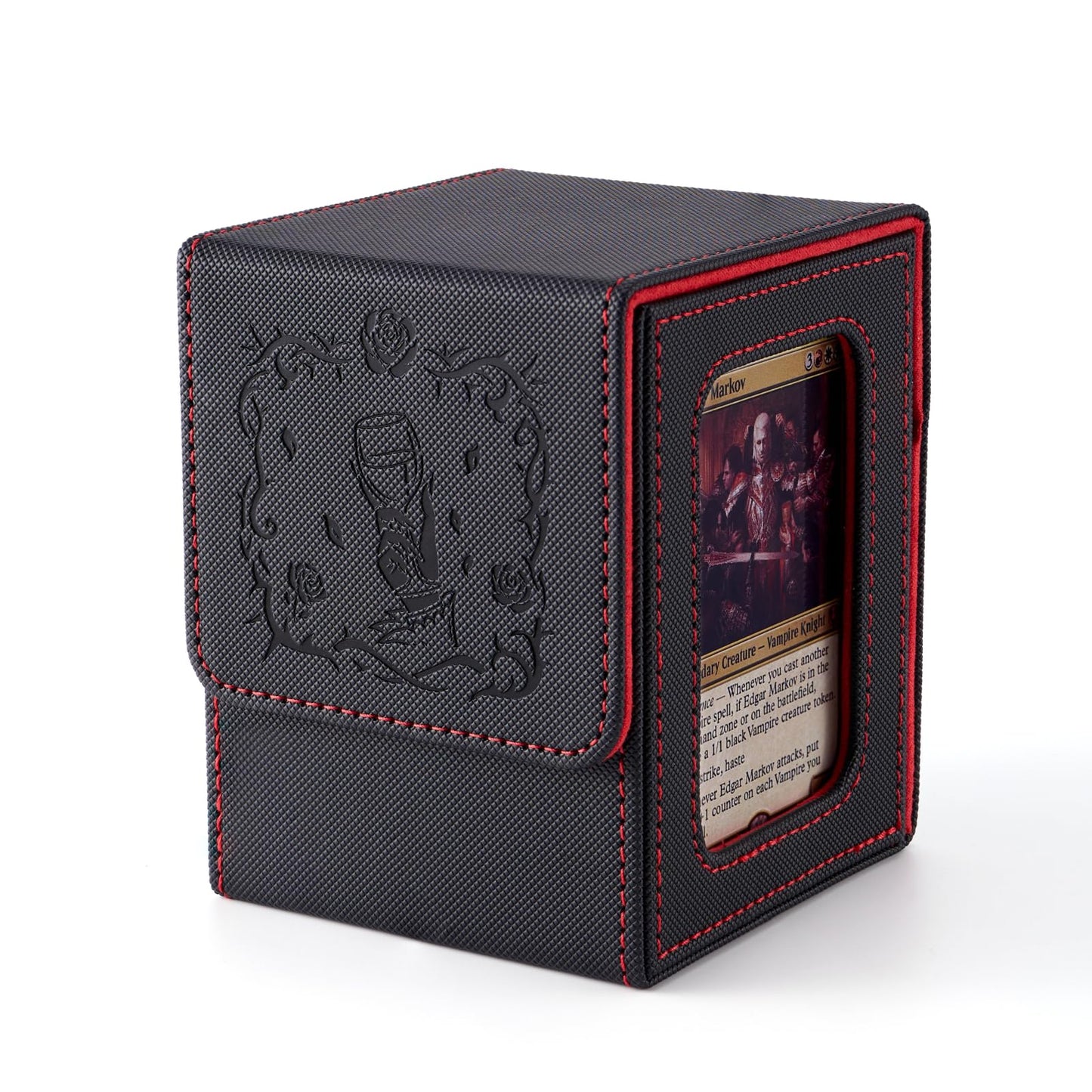 Venssu MTG Deck Box with Commander Display — Vampire Embossed, 120 Card Capacity, Dividers & Toploader (Black/Red)