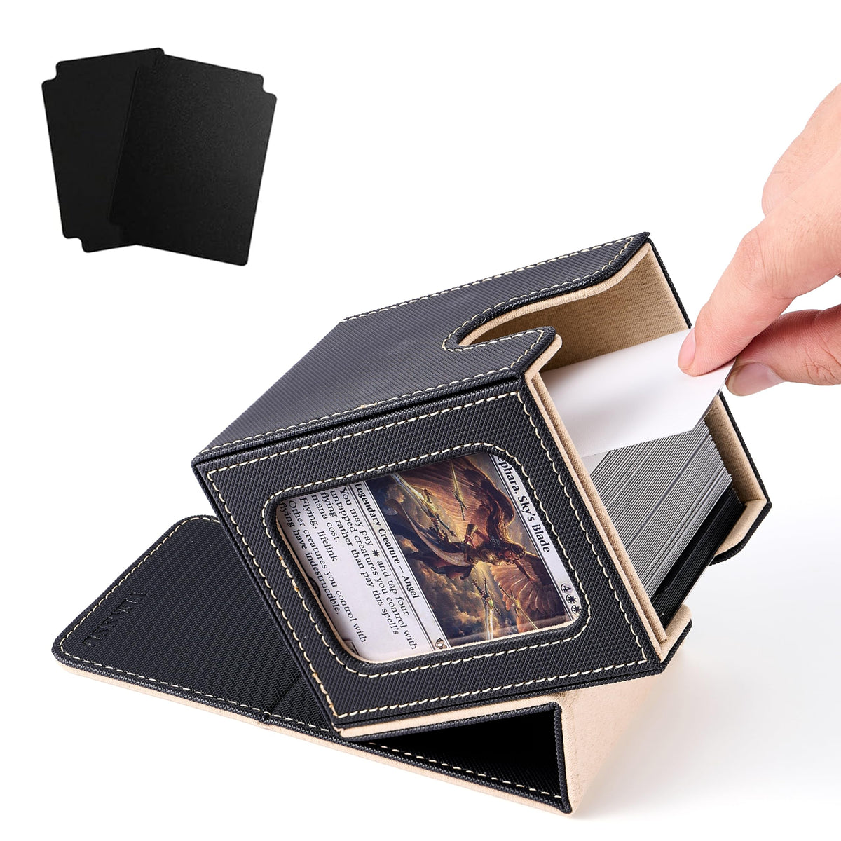 Venssu MTG Deck Box with Window – Commander Display, 120 Single / 100 Double Sleeve Capacity, Black & Pale Gold