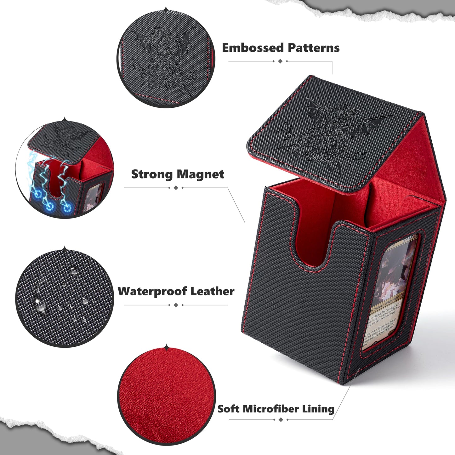 Venssu MTG Deck Box with Commander Display — Dragon Embossed PU Leather, Holds 120 Cards, 2 Dividers, Toploader (Black/Red)