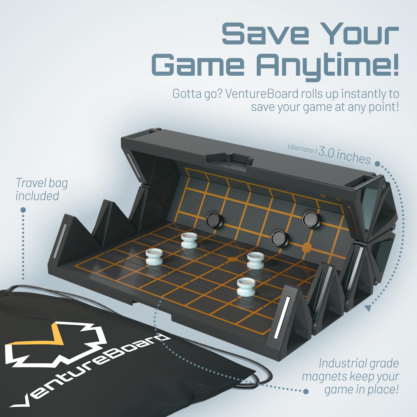 VentureBoard GO 9x9 Folding Magnetic Go Set – Portable Travel Board Game (Black/Grey)