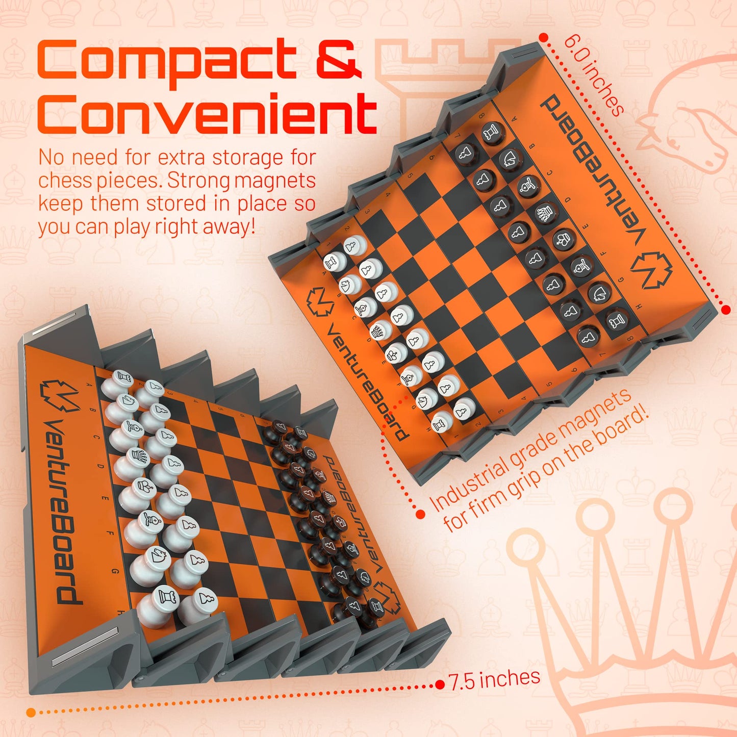 VentureBoard 6-Inch Magnetic Folding Chess Set – Portable Travel Board with 2 Extra Queens (Orange/Grey)