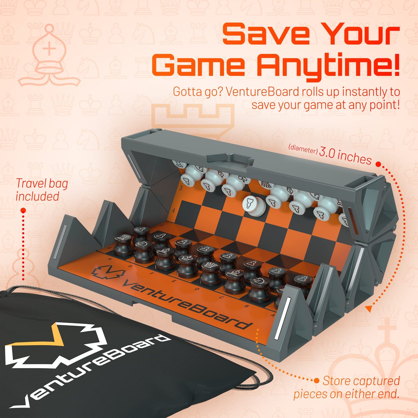 VentureBoard 6-Inch Magnetic Folding Chess Set – Portable Travel Board with 2 Extra Queens (Orange/Grey)