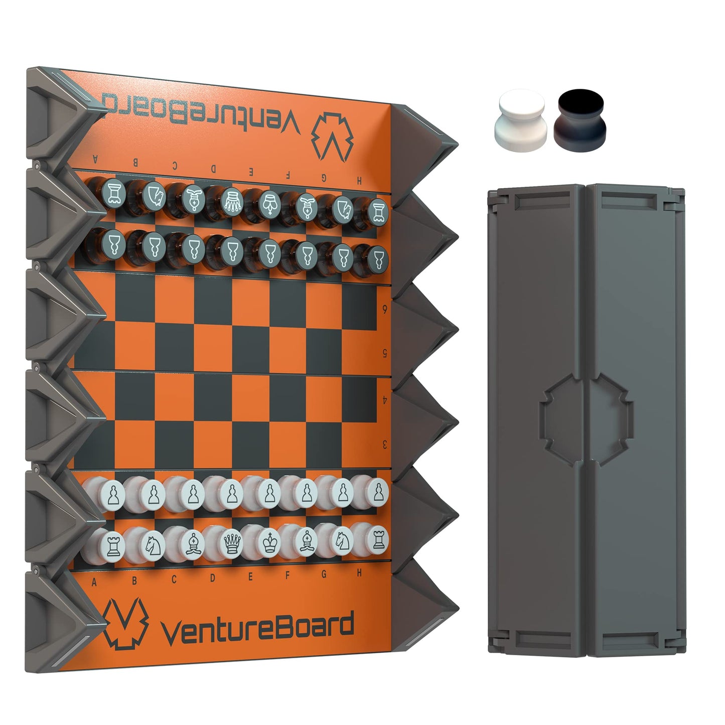 VentureBoard 6-Inch Magnetic Folding Chess Set – Portable Travel Board with 2 Extra Queens (Orange/Grey)