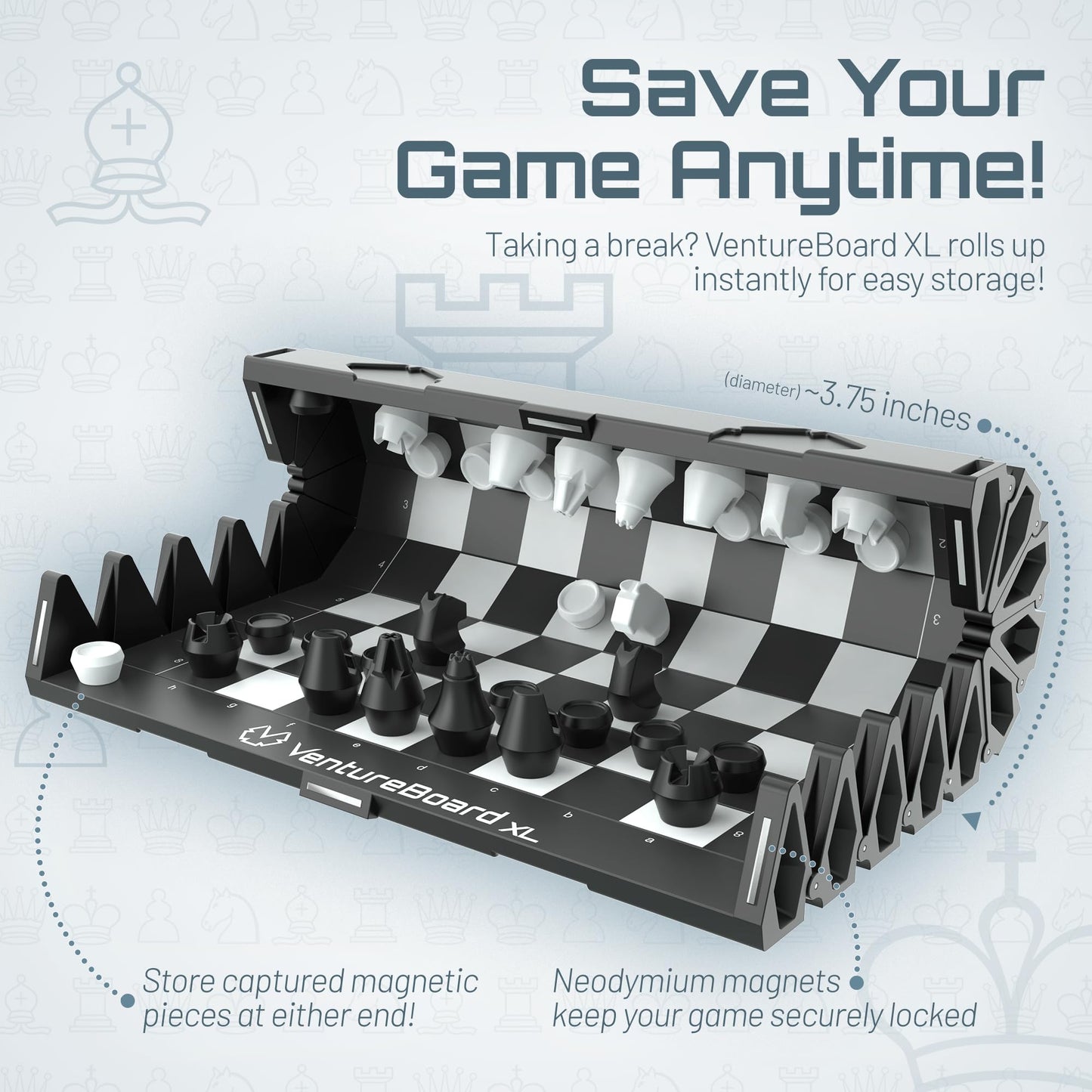 VentureBoard XL – Full-Size 10-Inch Magnetic Folding Chess Set (Black/Grey)