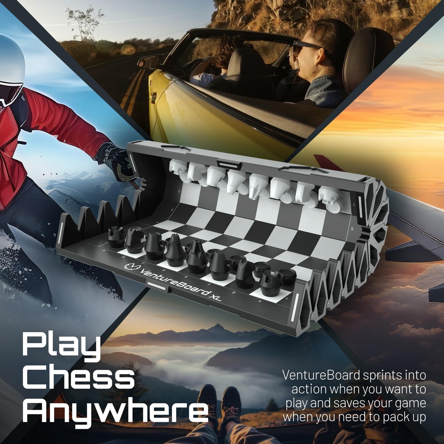 VentureBoard XL – Full-Size 10-Inch Magnetic Folding Chess Set (Black/Grey)