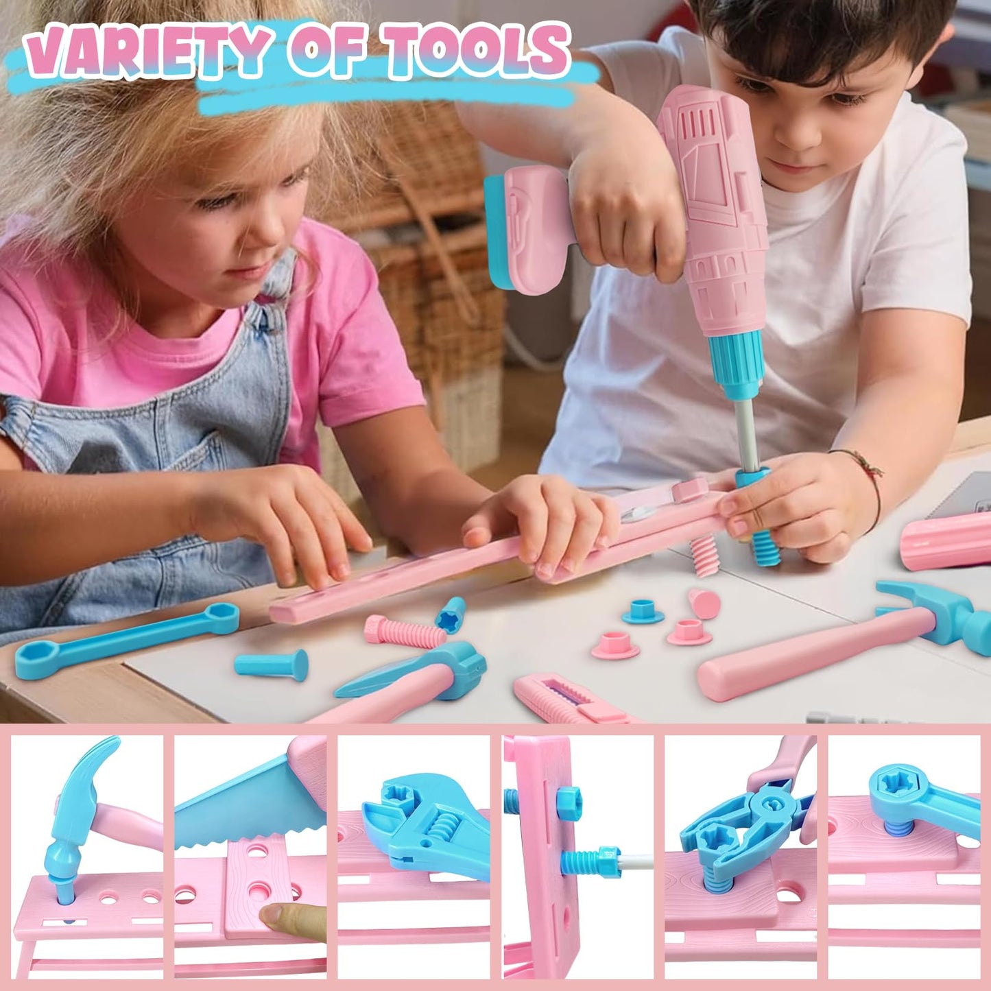 Verceco Kids Tool Set 55Pcs – Realistic Toddler Tool Kit with Drill, Vest & Belt | Educational Toy for ages 3-7