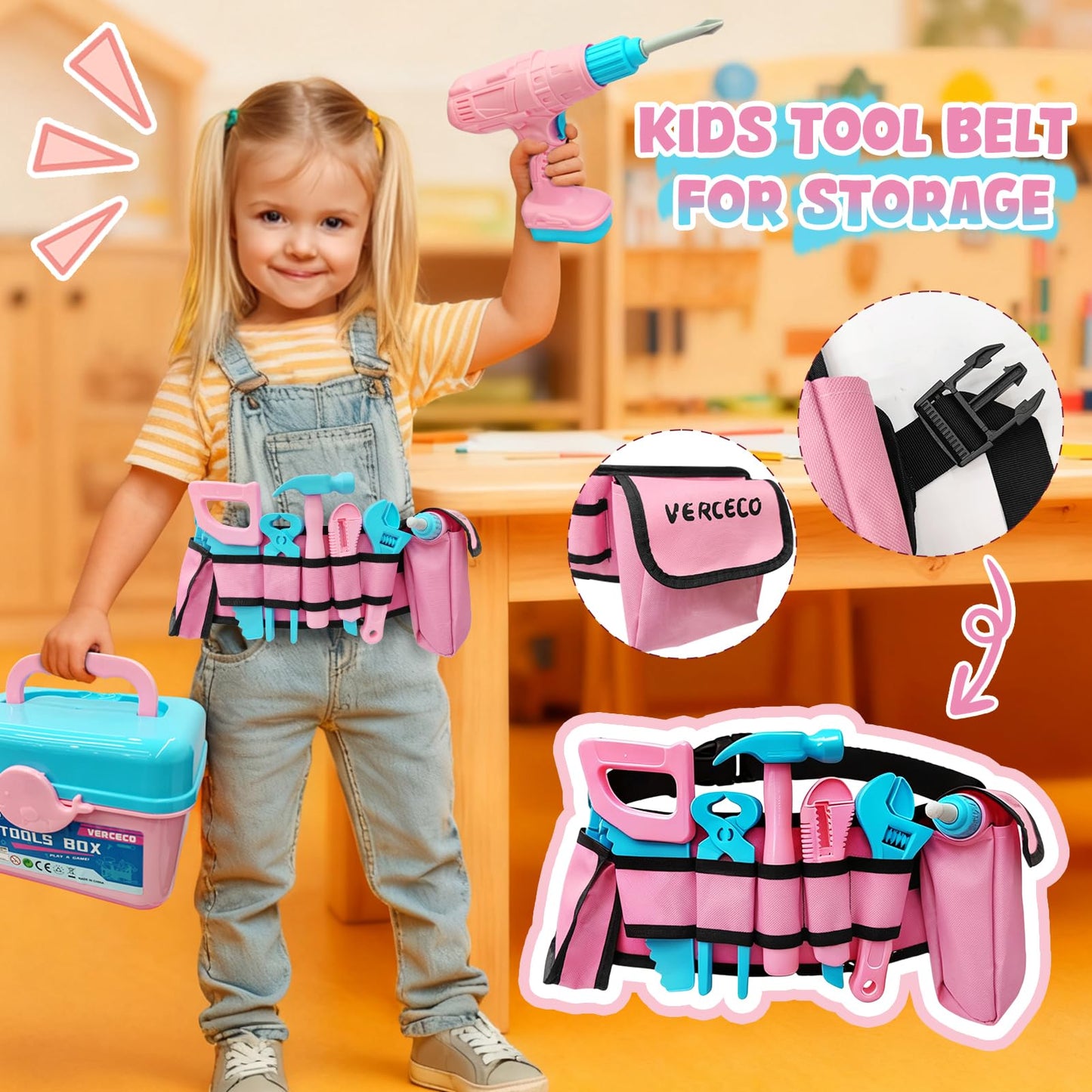 Verceco Kids Tool Set 55Pcs – Realistic Toddler Tool Kit with Drill, Vest & Belt | Educational Toy for ages 3-7