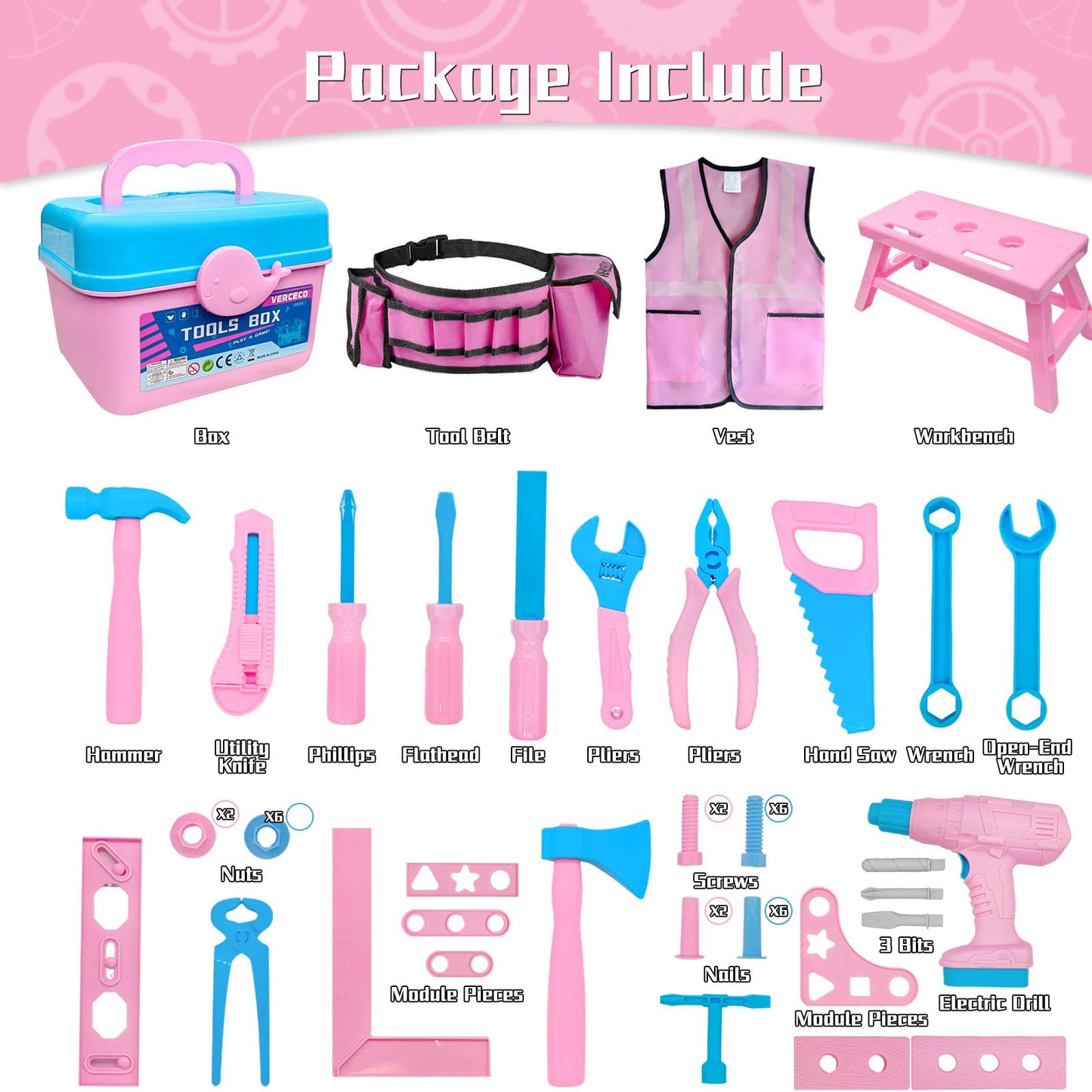 Verceco Kids Tool Set 55Pcs – Realistic Toddler Tool Kit with Drill, Vest & Belt | Educational Toy for ages 3-7