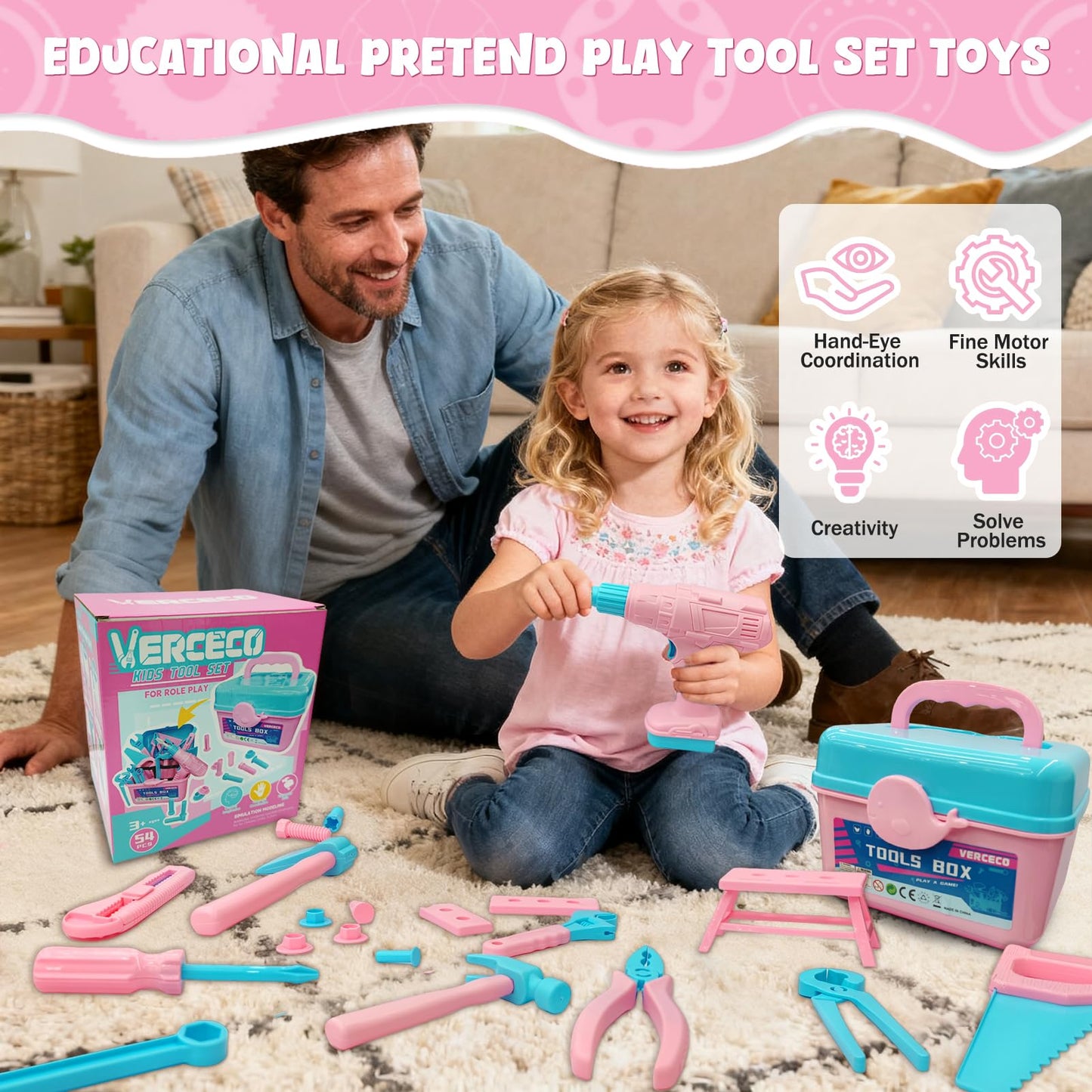Verceco Kids Tool Set 55Pcs – Realistic Toddler Tool Kit with Drill, Vest & Belt | Educational Toy for ages 3-7