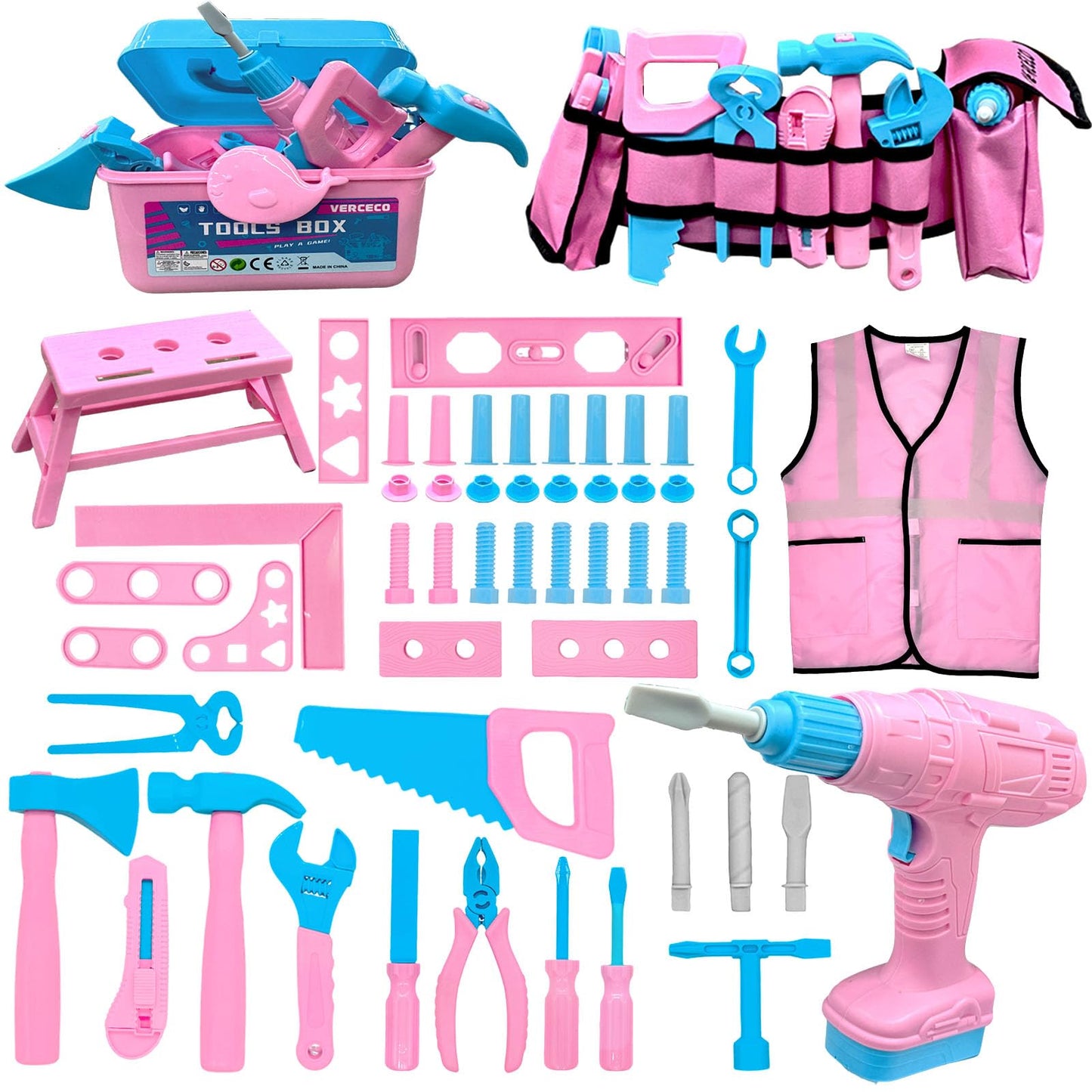 Verceco Kids Tool Set 55Pcs – Realistic Toddler Tool Kit with Drill, Vest & Belt | Educational Toy for ages 3-7