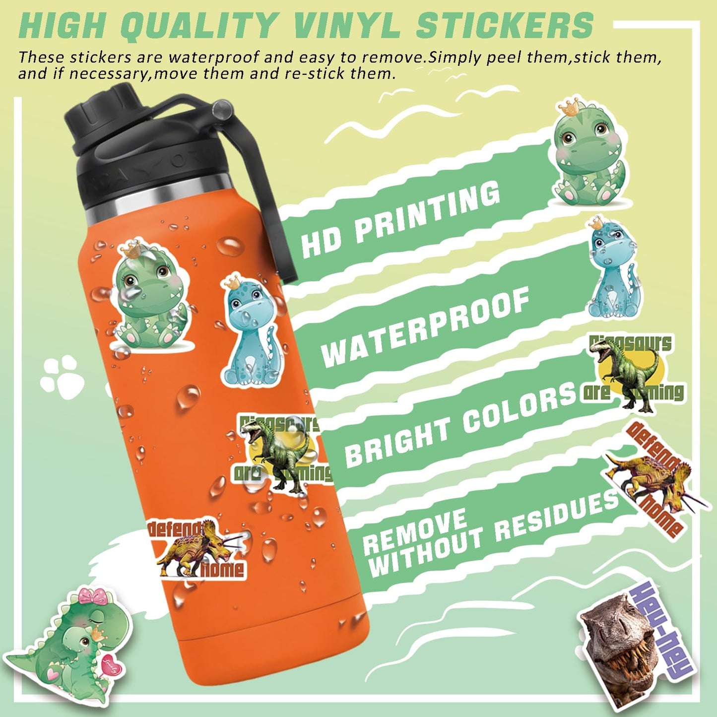 VERKSTAD Christmas 100 Pcs Water Bottle Stickers for Kids – Waterproof Dinosaur Vinyl