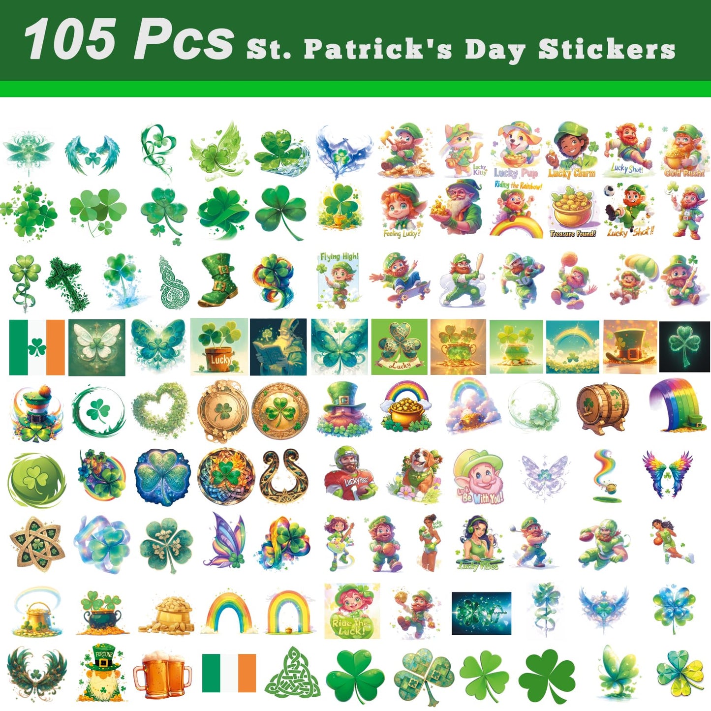 VERKSTAD 105 Pcs St. Patrick's Day Clover Stickers – Festive Vinyl Decals for Laptops, Water Bottles & Scrapbooks