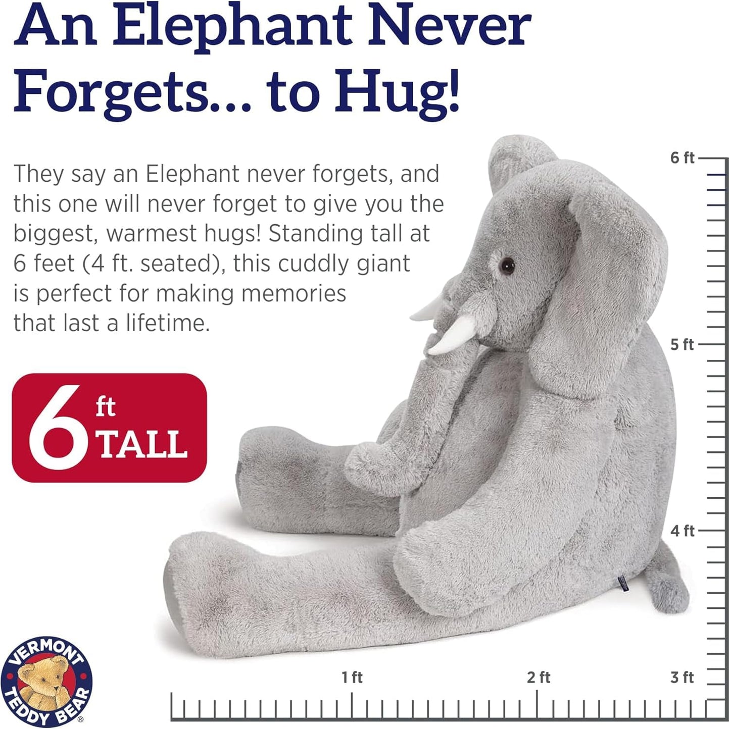 Vermont Teddy Bear Giant Elephant Stuffed Animal - 6-Foot Plush from USA