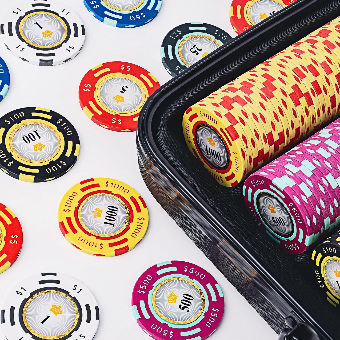 Versa Games Poker Chips Set – 500-Piece 13.5g Clay Chips with Denominations + Upgraded Case