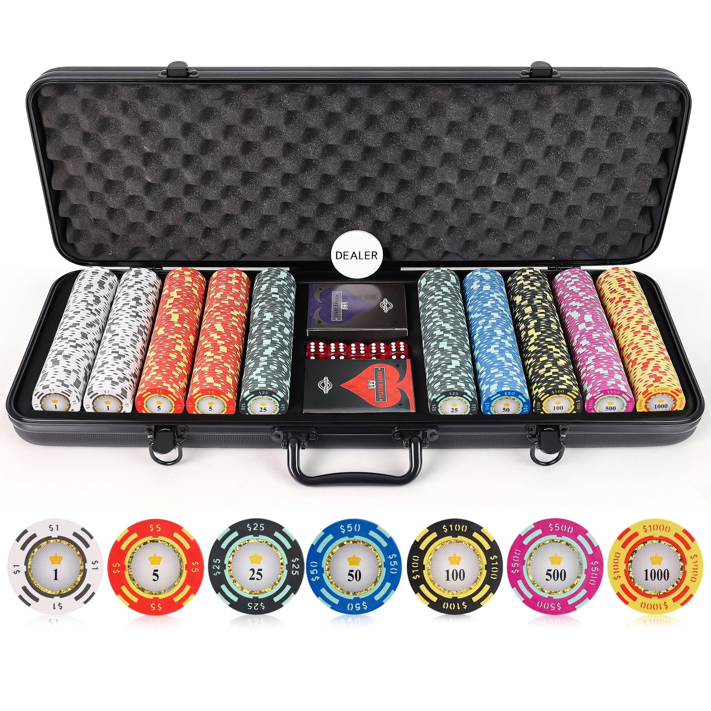 Versa Games Poker Chips Set – 500-Piece 13.5g Clay Chips with Denominations + Upgraded Case