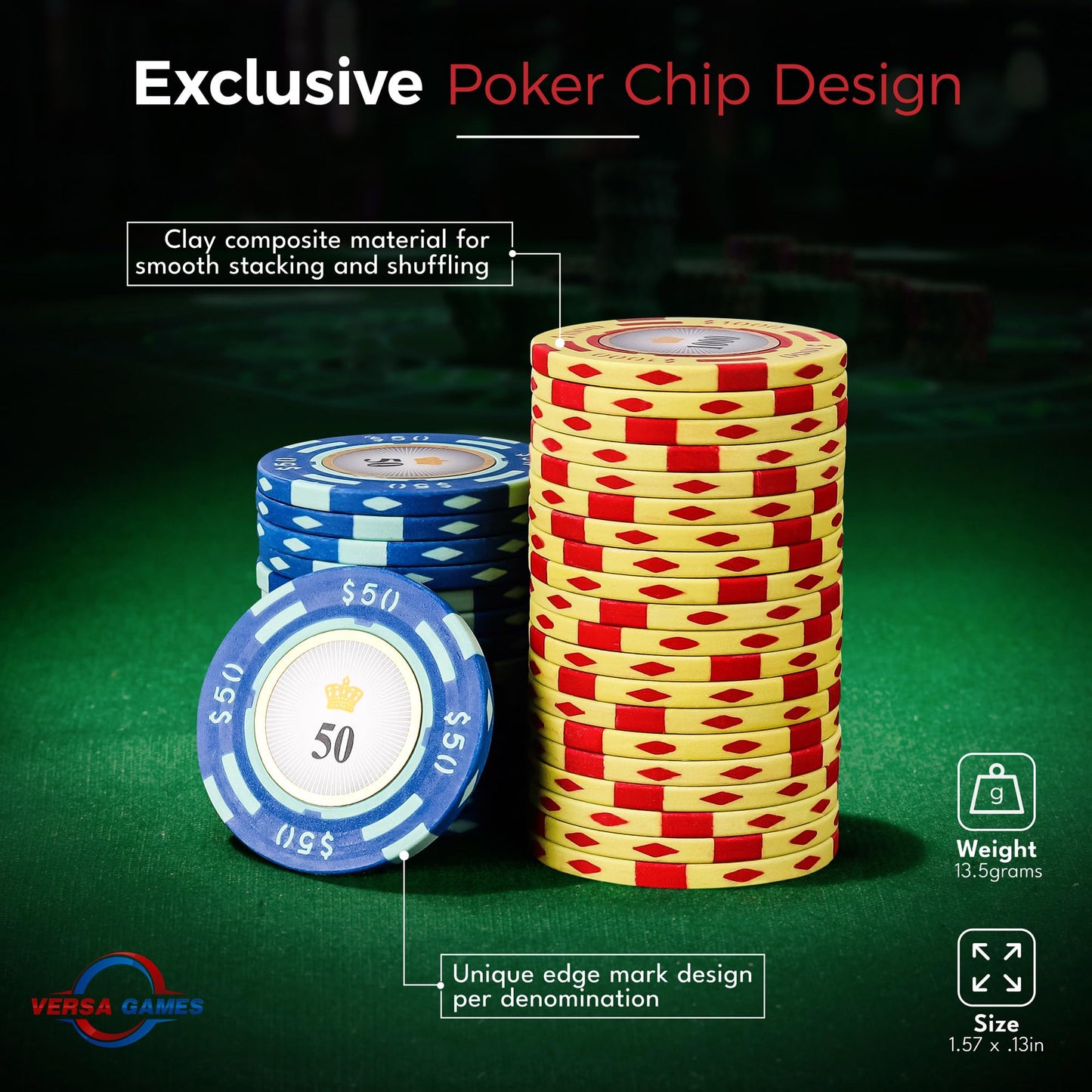 Versa Games Poker Chips Set – 500-Piece 13.5g Clay Chips with Denominations + Upgraded Case