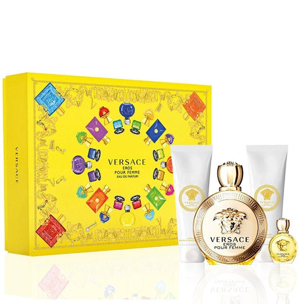 Versace Eros pour Femme Gift Set 100ml EDP + 5ml EDP + 100ml Body Lotion + 100ml Shower Gel Women's Fragrance
