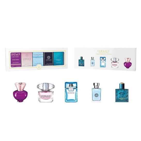 Versace Mini Set Gift Set 5ml Dylan Purple EDP + 5ml Bright Crystal EDT + 5ml Eau Fraiche EDT + 5ml Pour Homme EDT + 5ml Eros EDT Unisex Fragrance