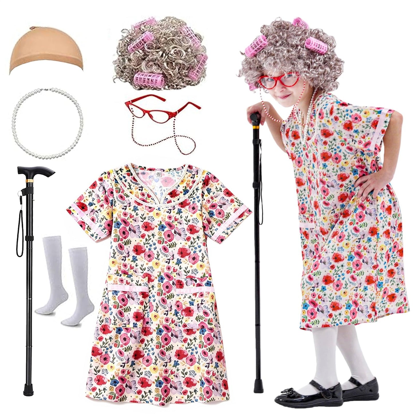 VersaCharm Girls 100 Days Costume Kit: Grandma Wig & Accessories