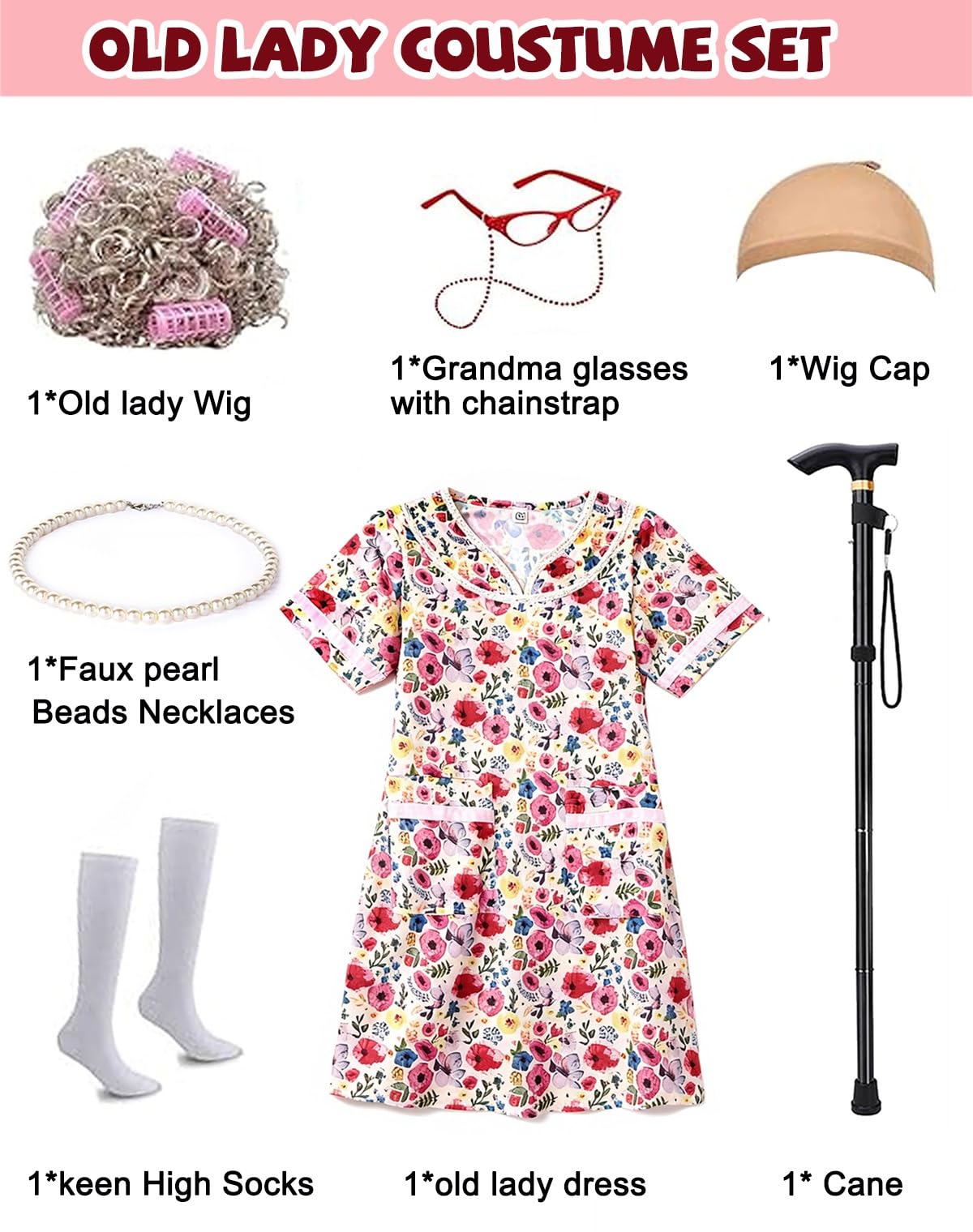 VersaCharm Girls 100 Days Costume Kit: Grandma Wig & Accessories