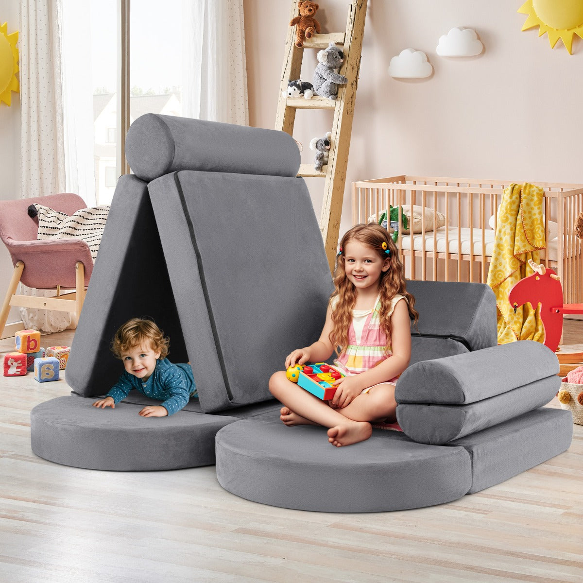 Versatile Toddler Sectional Sofa Set for Nursery Playroom Bedroom Living Room-Dark Blue