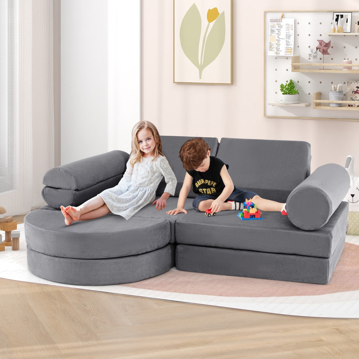 Versatile Toddler Sectional Sofa Set for Nursery Playroom Bedroom Living Room-Dark Blue