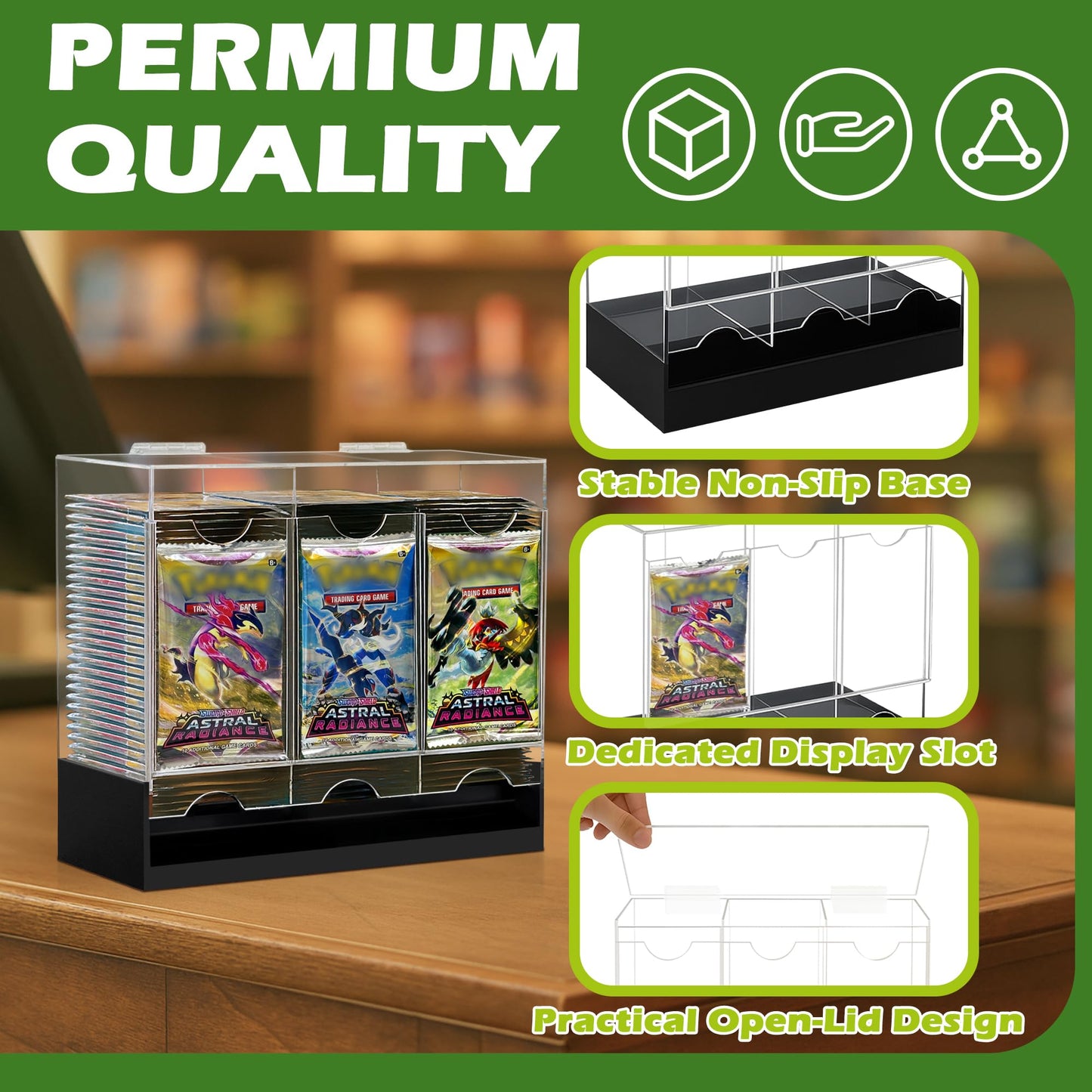 Verssure 3-Slot Booster Pack Dispenser with Non-Slip Base – Acrylic Card Holder for 108+ Booster Packs