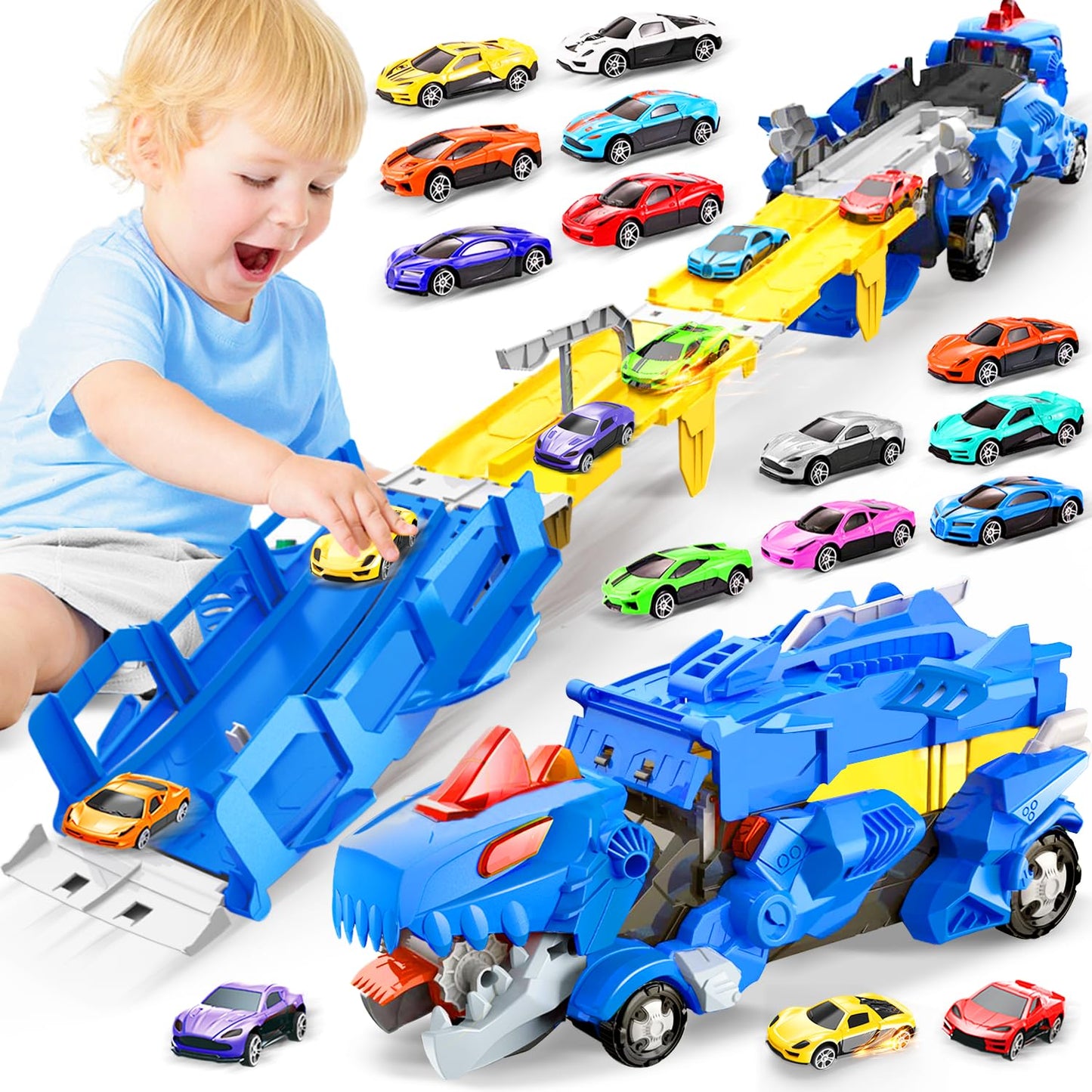 VESIHOLO Dinosaur Truck with 12 Cars – Double-Track Racing Set for Ages 3-5