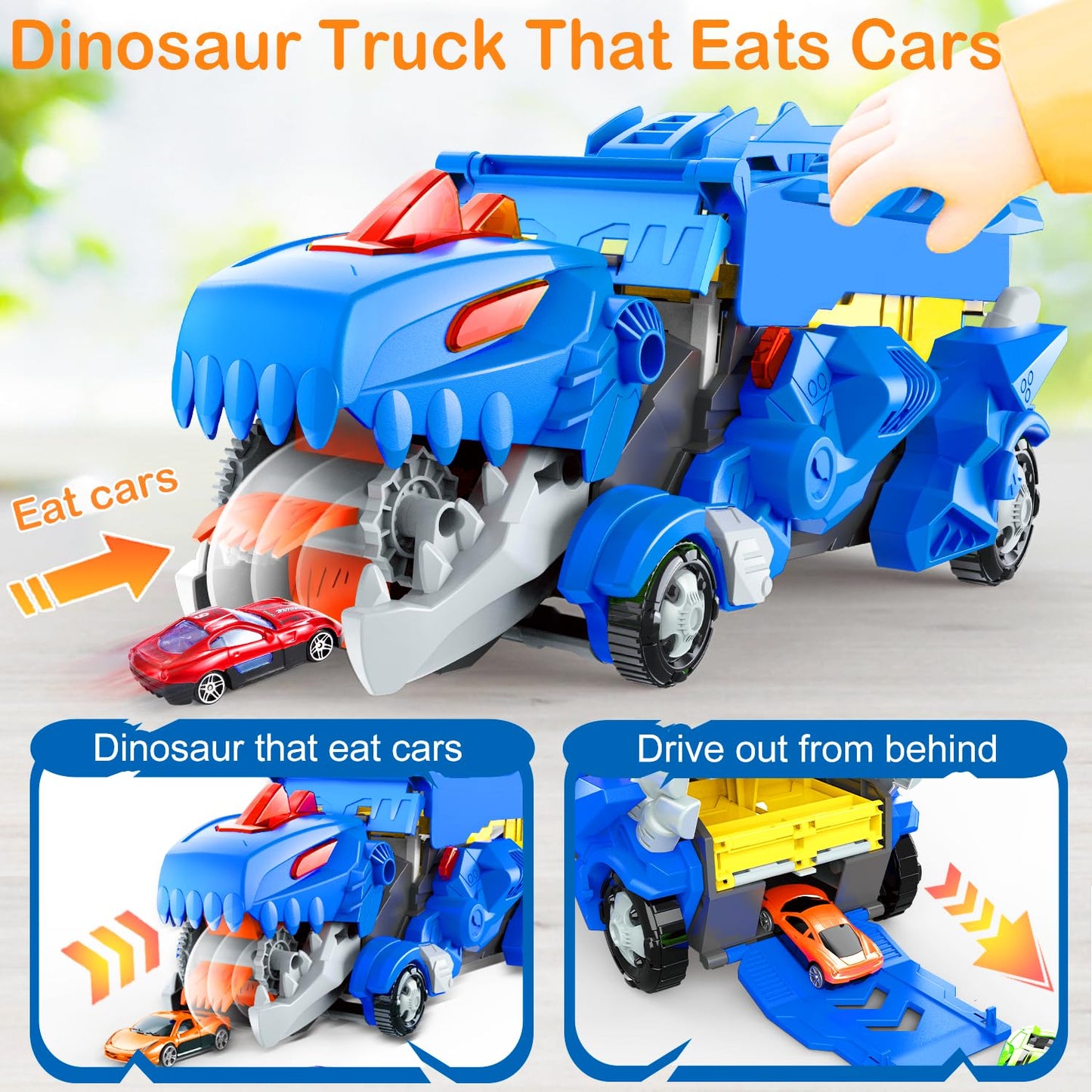 VESIHOLO Dinosaur Truck with 12 Cars – Double-Track Racing Set for Ages 3-5