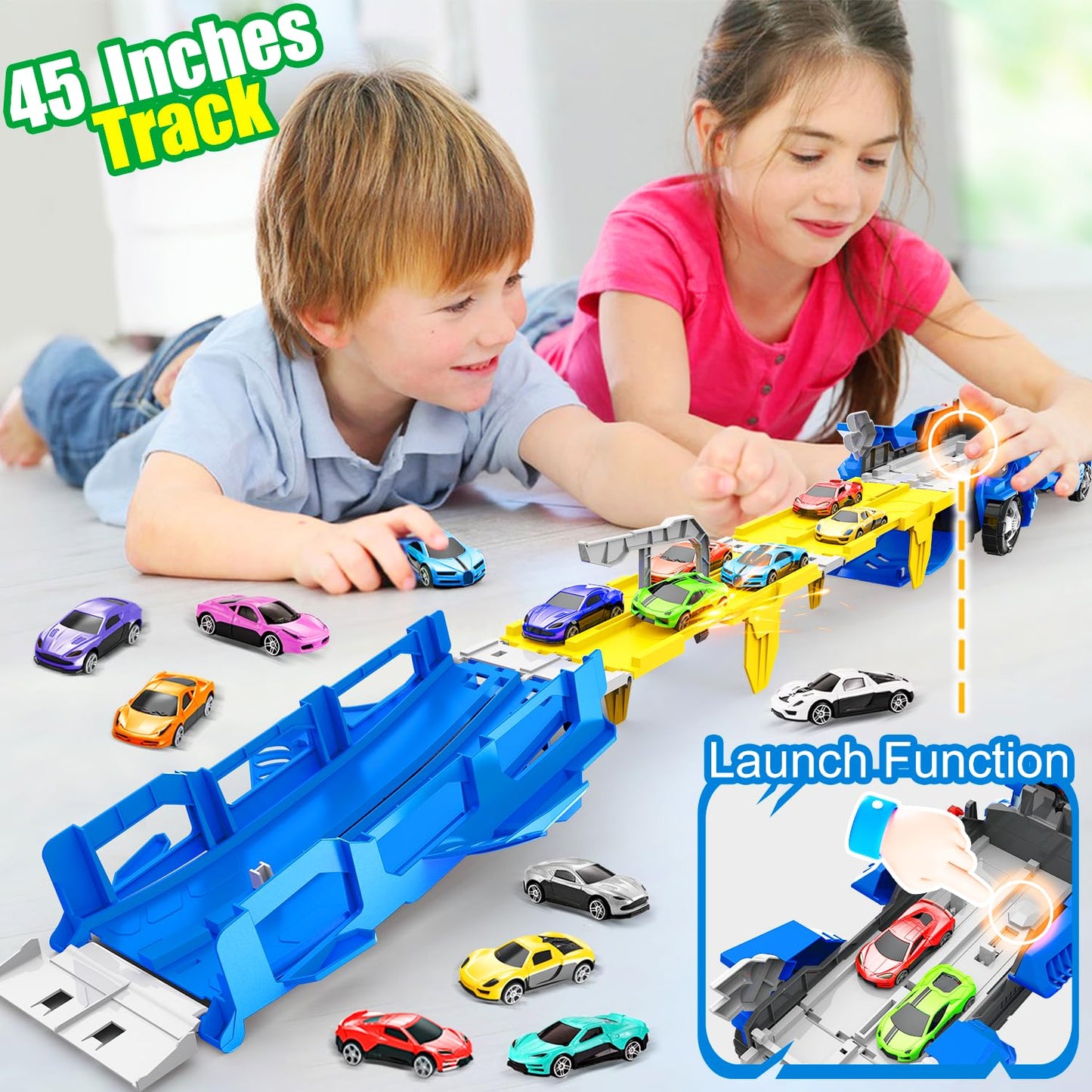 VESIHOLO Dinosaur Truck with 12 Cars – Double-Track Racing Set for Ages 3-5