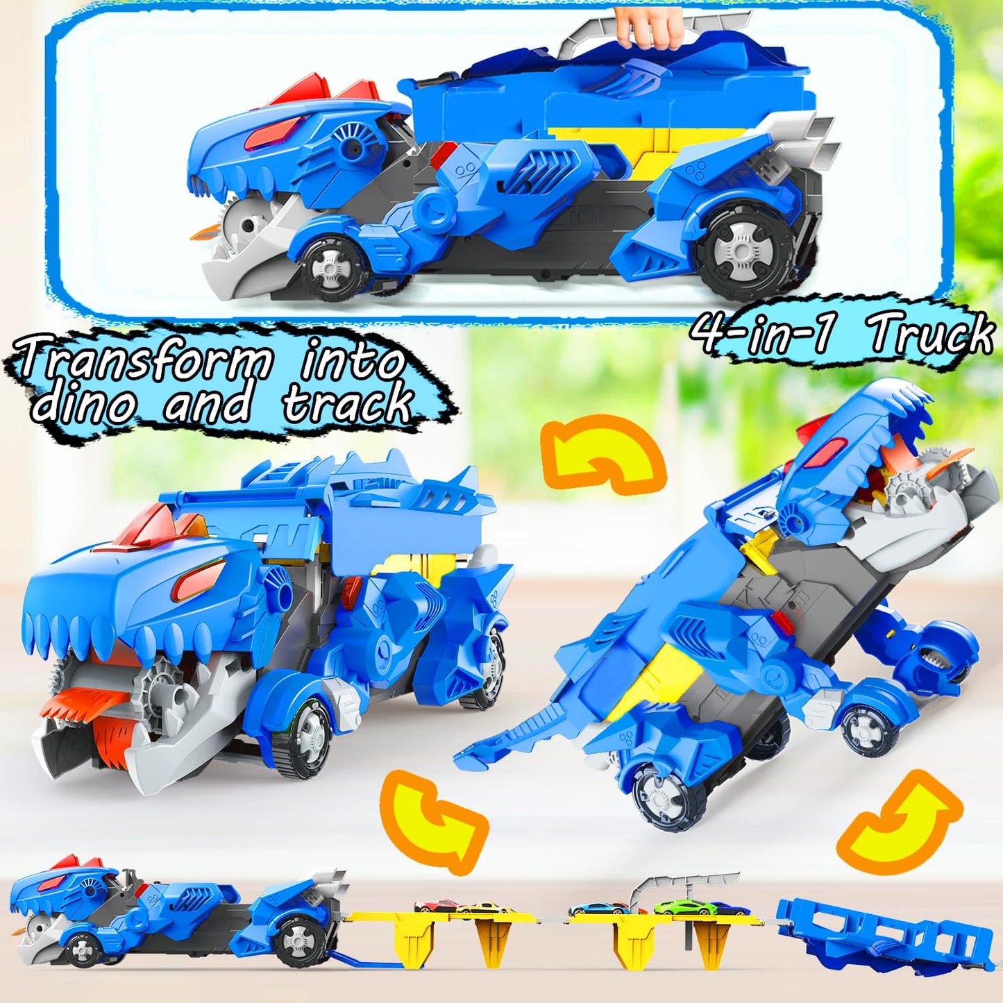 VESIHOLO Dinosaur Truck with 12 Cars – Double-Track Racing Set for Ages 3-5