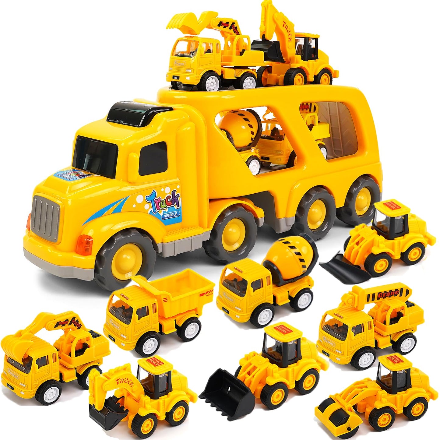 Veslier 9-in-1 Construction Truck Toys for Ages 3-6 | Friction-Power Carrier with Sounds & Lights