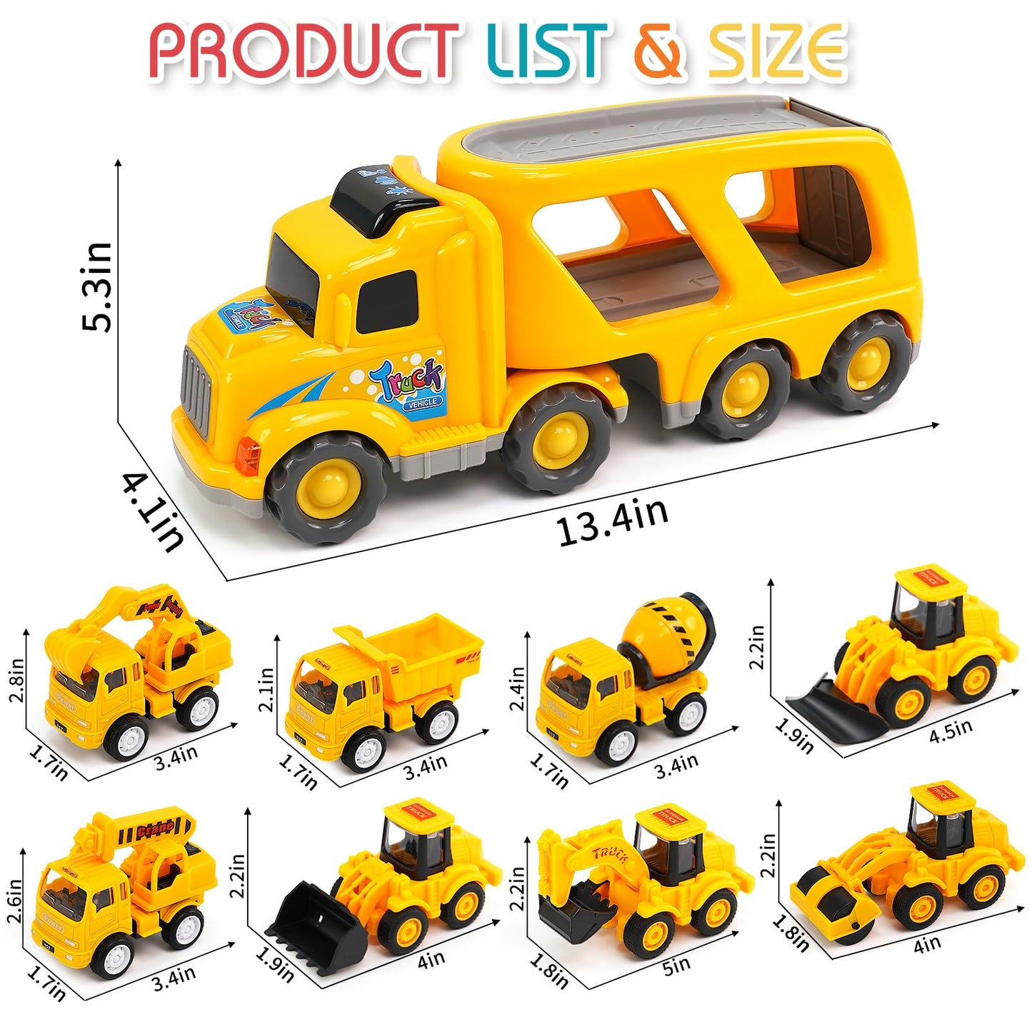 Veslier 9-in-1 Construction Truck Toys for Ages 3-6 | Friction-Power Carrier with Sounds & Lights