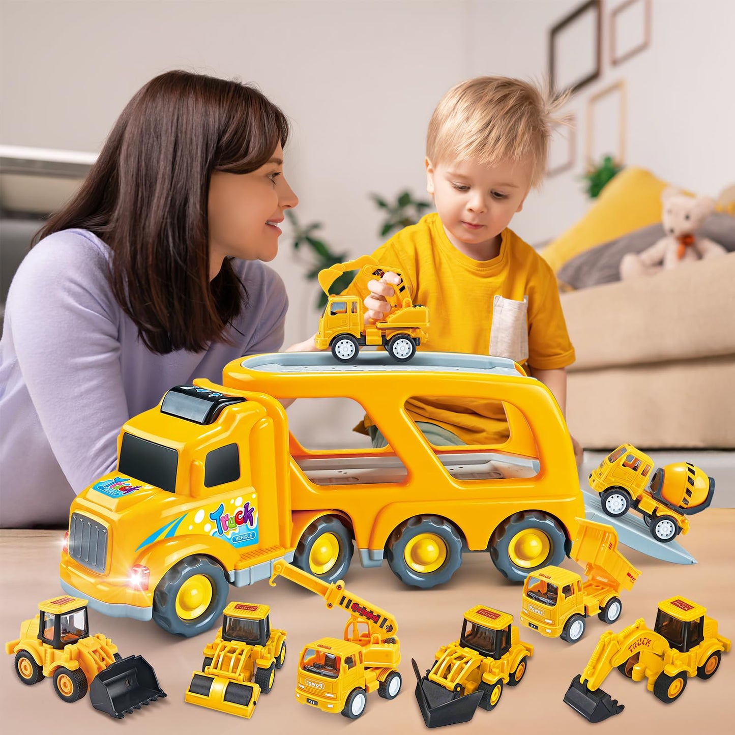 Veslier 9-in-1 Construction Truck Toys for Ages 3-6 | Friction-Power Carrier with Sounds & Lights