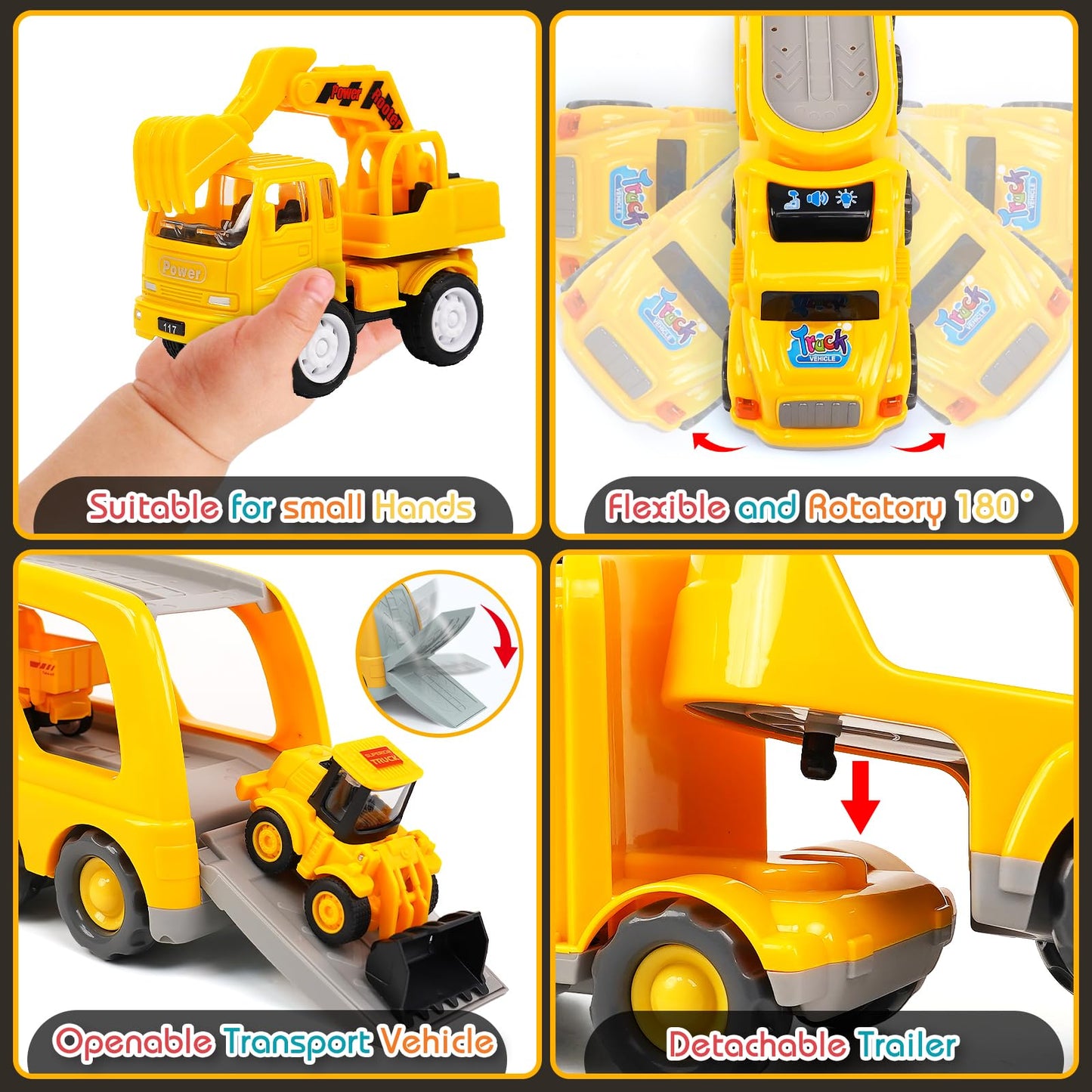 Veslier 9-in-1 Construction Truck Toys for Ages 3-6 | Friction-Power Carrier with Sounds & Lights
