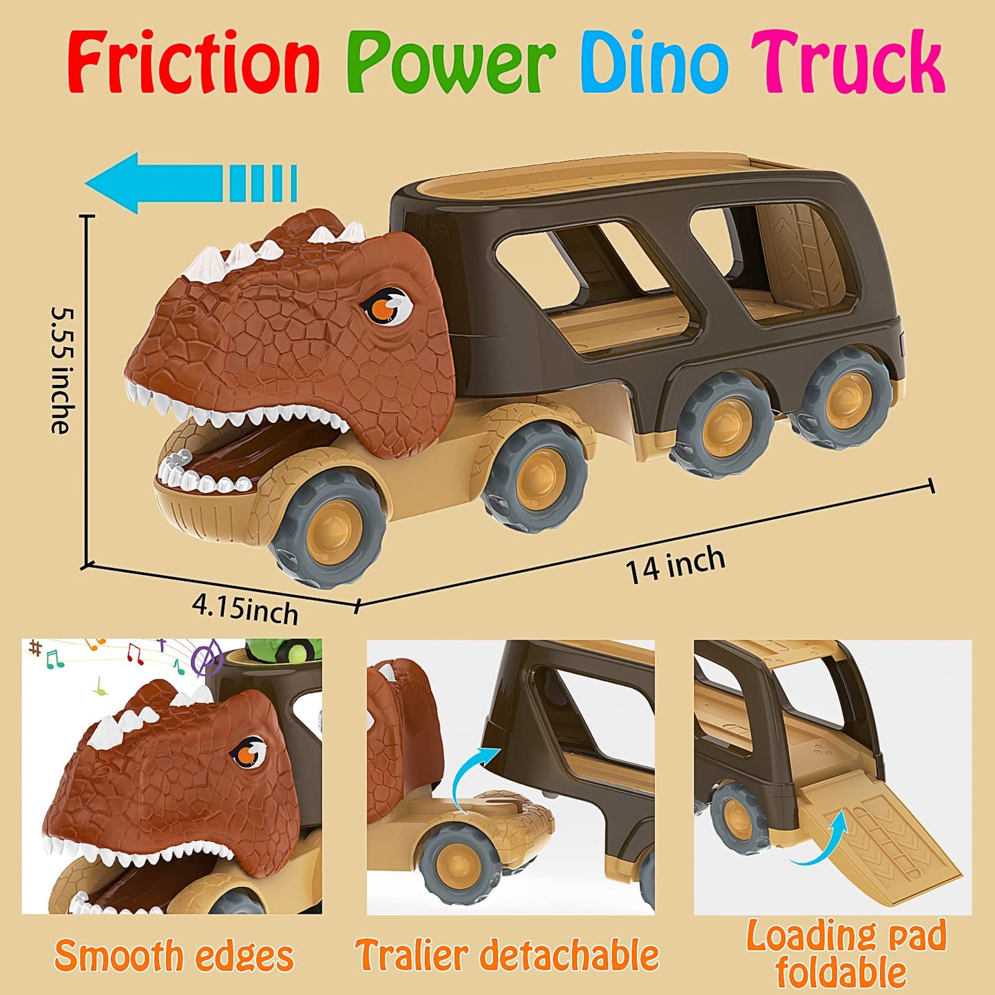 Veslier Dinosaur Friction-Power Carrier Truck with 4 Pull-Back Dinos
