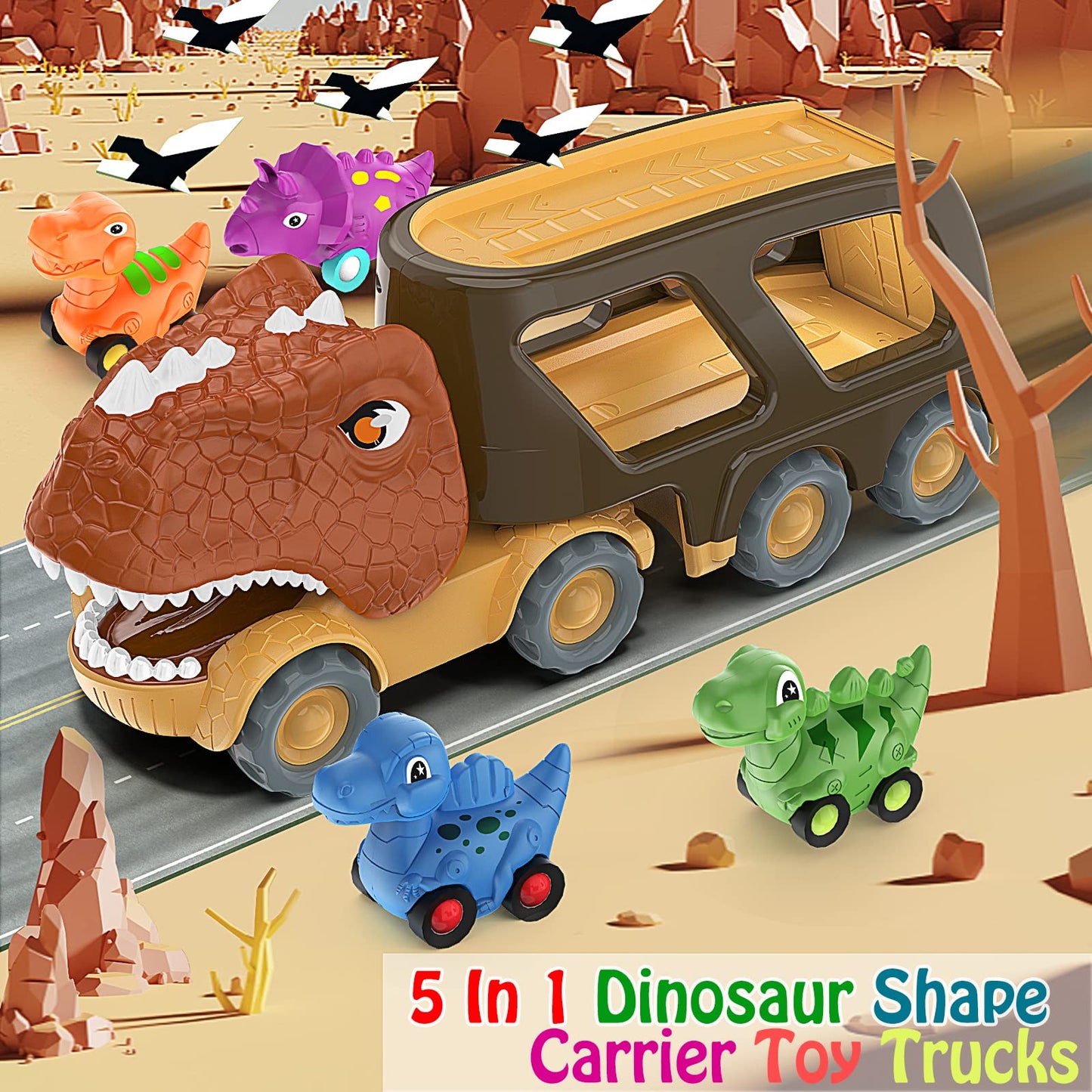 Veslier Dinosaur Friction-Power Carrier Truck with 4 Pull-Back Dinos
